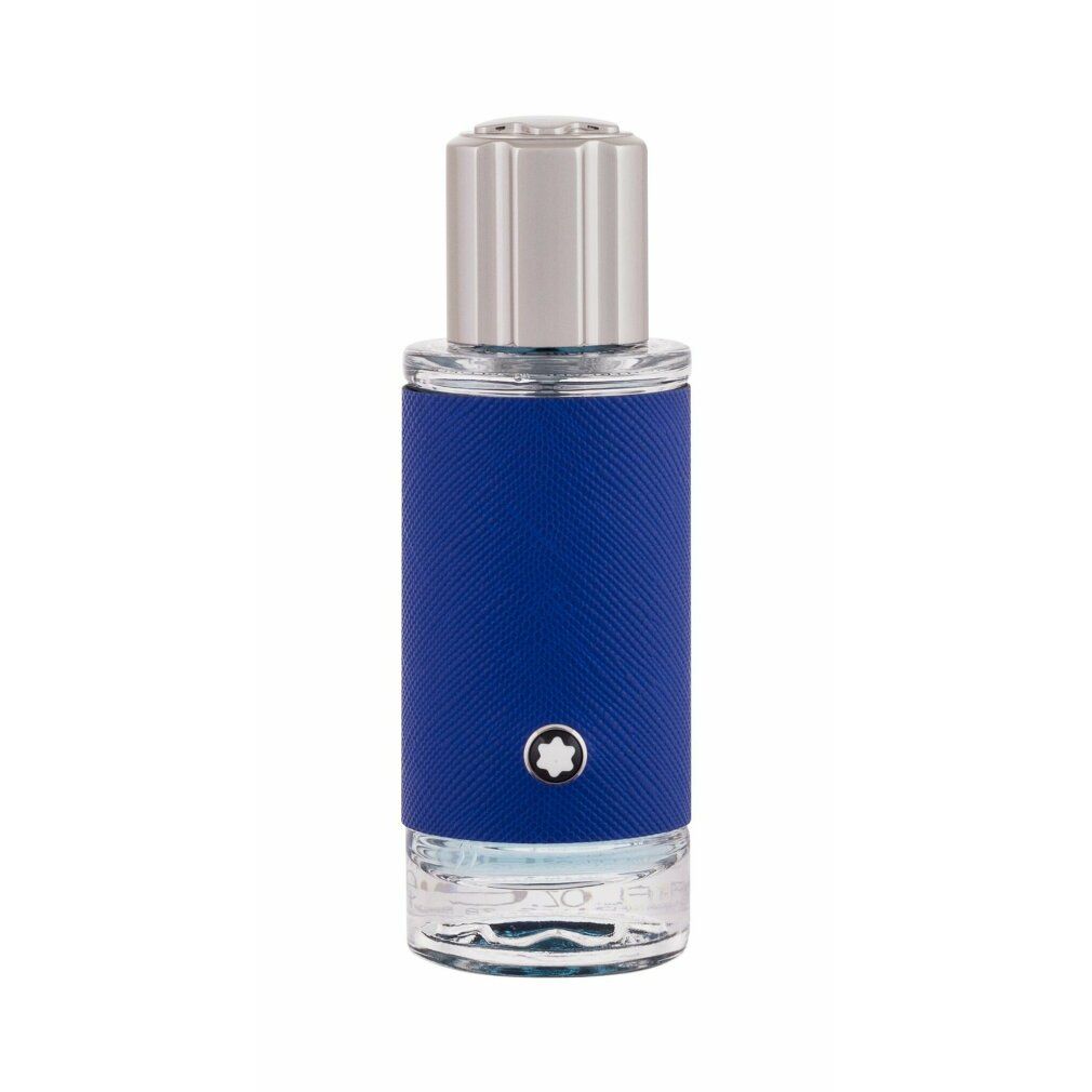 Blauer Flakon mit silbernem Deckel. Montblanc-Logo. Blaue Textur am Flakon. Glasbasis.