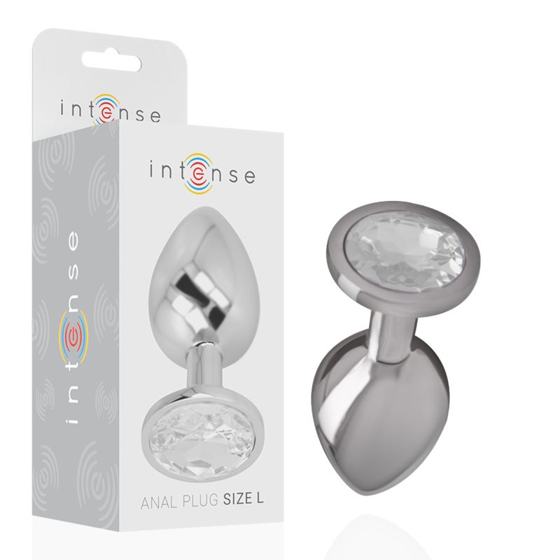 Analplug mit Verpackung. Marke 'intense'. Produktname 'ANAL PLUG SIZE L'. Silberner Plug mit Kristall und Tropfenform.