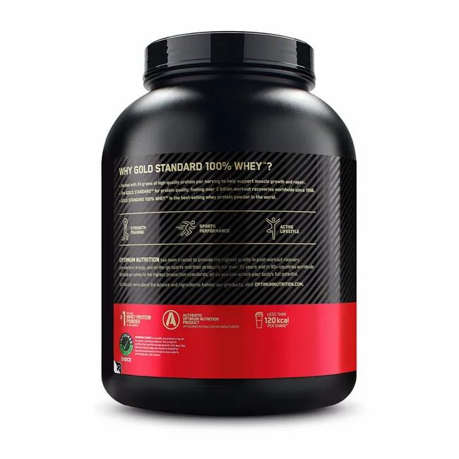 Rückseite eines schwarzen Behälters mit rotem Etikett. Text: Warum Gold Standard 100% Whey? Informationen zu Nährwerten und Inhaltsstoffen.