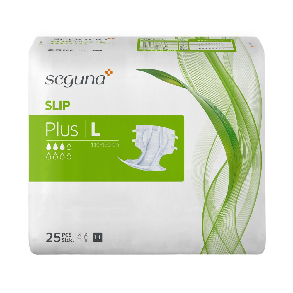 Verpackung mit SEGUNA Slip Plus. Größe L, 110-150 cm. 25 Stück. Produktabbildung. Grüne und weiße Farbgebung.