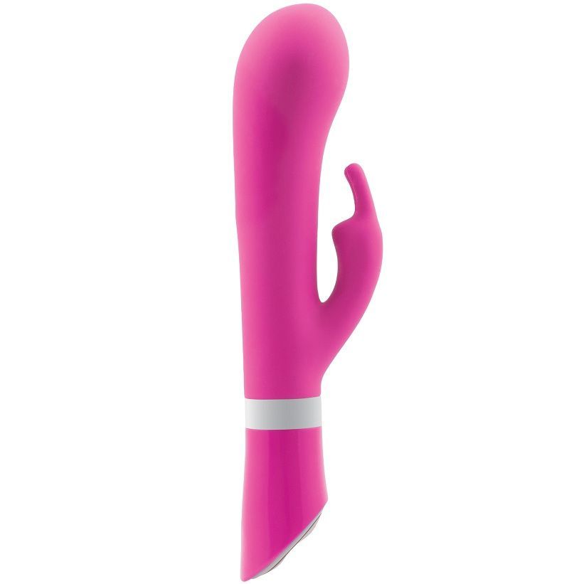 Rosa Vibrator mit gebogener Form und einem zusätzlichen Element.