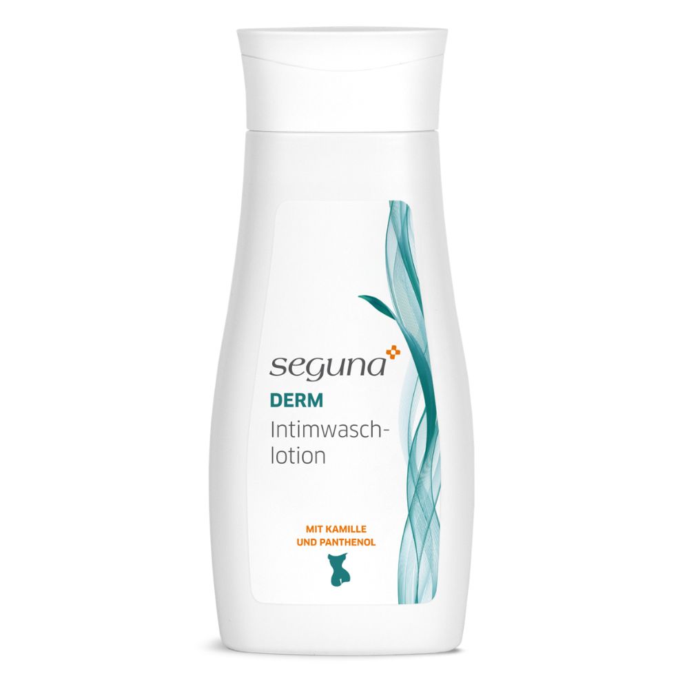 Weiße Flasche mit Klappverschluss. Aufschrift: seguna DERM Intimwaschlotion. Mit Kamille und Panthenol. Türkis-grünes Design.