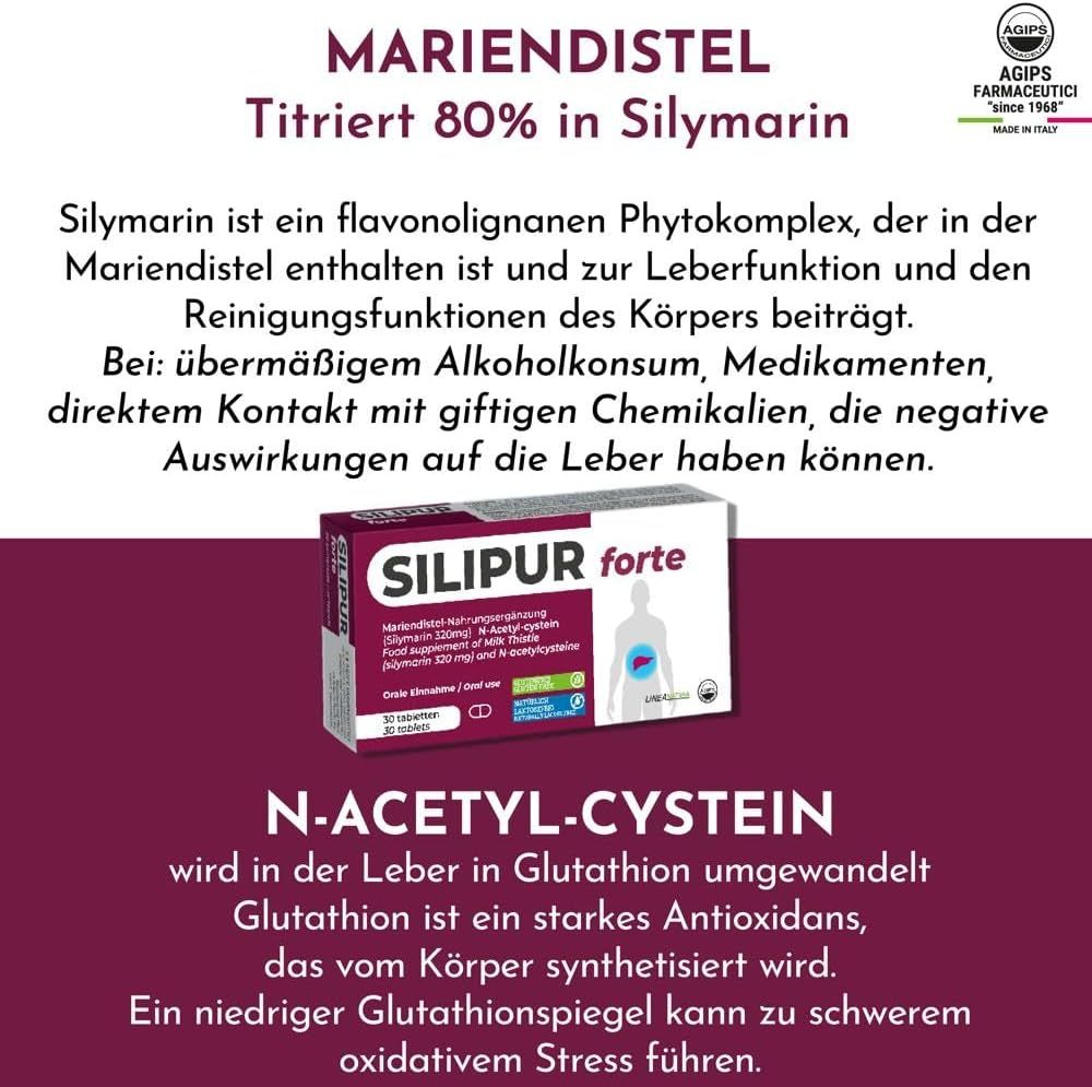 Schachtel Silipur forte Tabletten. Text: Mariendistel, 80% in Silymarin titriert. Enthält N-Acetylcystein. Agips Farmaceutici Logo.
