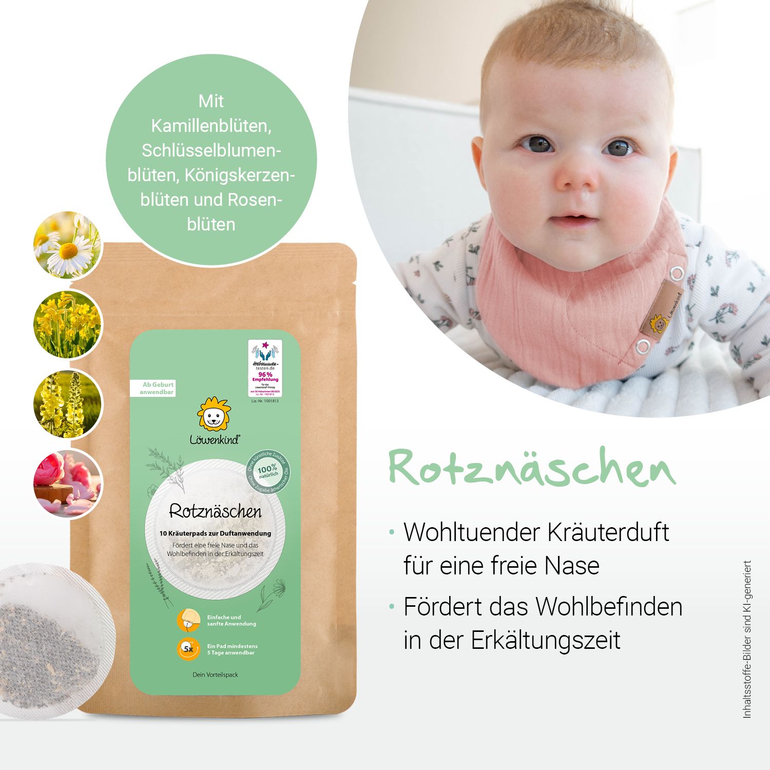 Baby mit Lätzchen, Kräuterpad "Rotznäschen" und Inhaltsstoffen.