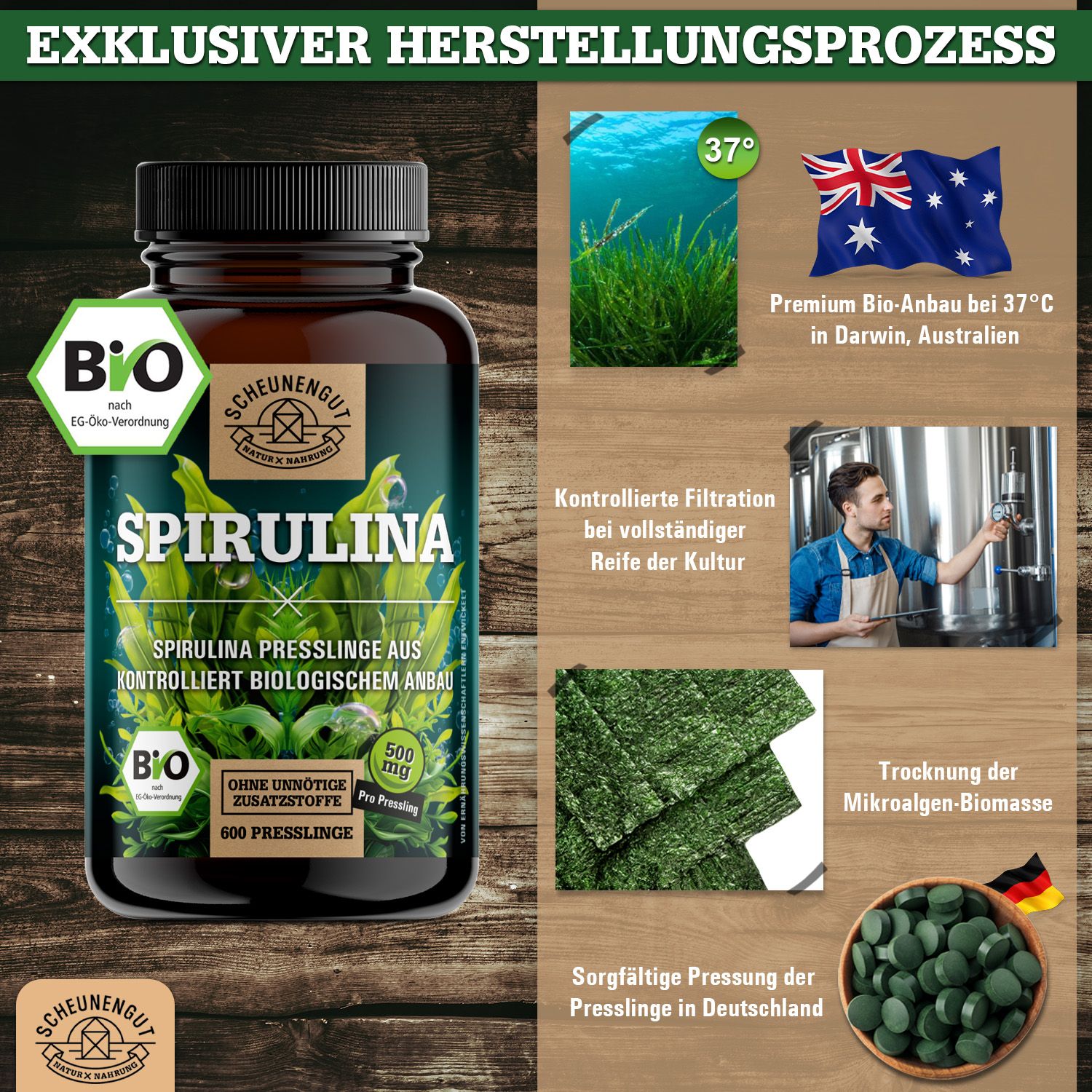 Scheunengut® Bio Spirulina Presslinge | 500mg pro Pressling beste Qualität aus Darwin, Australien 600 St