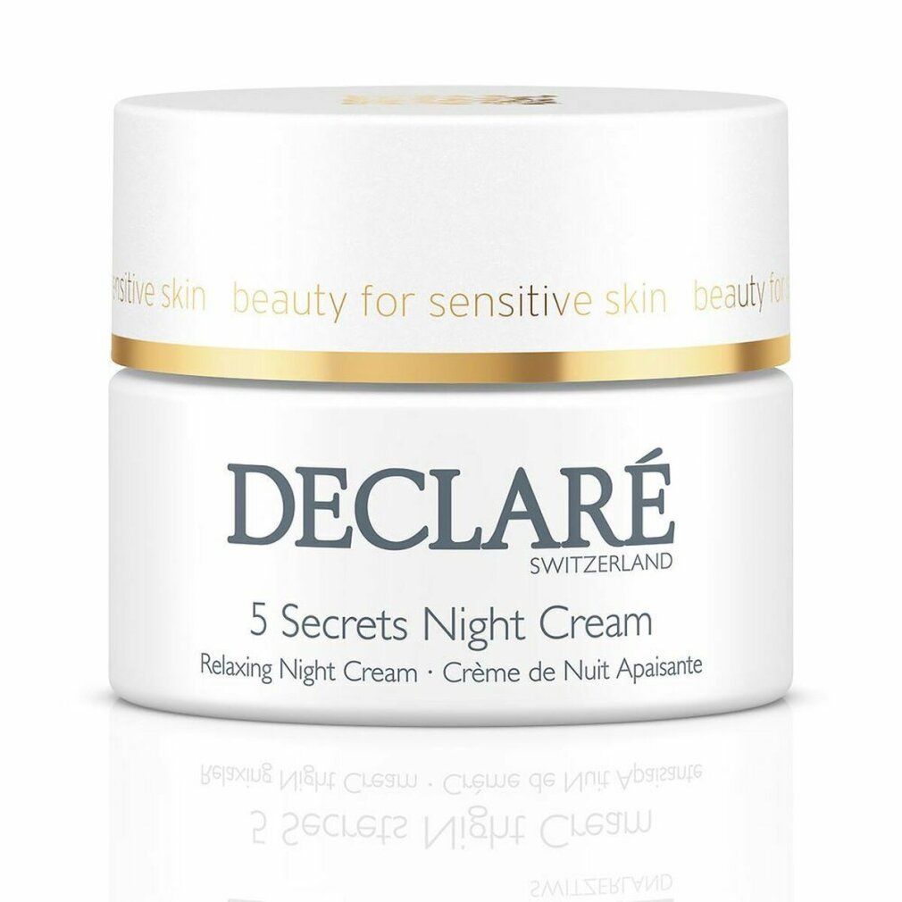 Weißer Tiegel mit goldfarbenem Rand. Aufschrift: DECLARÉ, 5 Secrets Night Cream, Relaxing Night Cream, Crème de Nuit Apaisante.