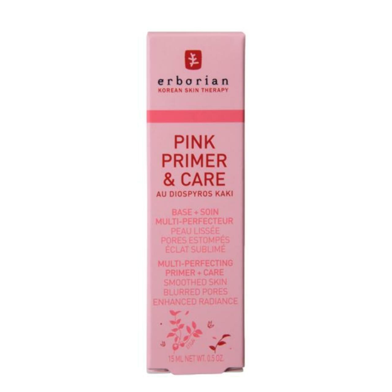 Rosa Schachtel. Aufschrift: Erborian, Pink Primer & Care. 15 ml. Produktverpackung.