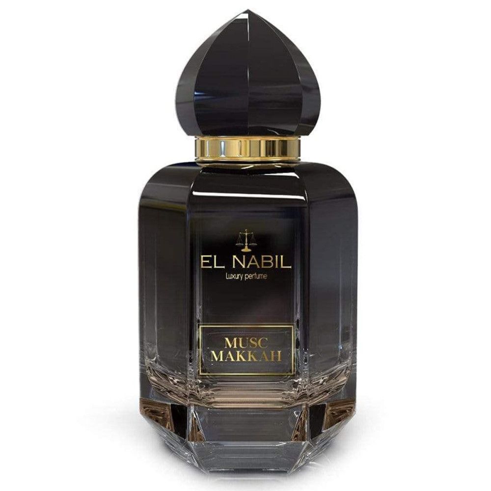 Schwarze Parfümflasche mit goldener Kappe und Etikett. "El Nabil Musc Makkah" Text auf dem Etikett.