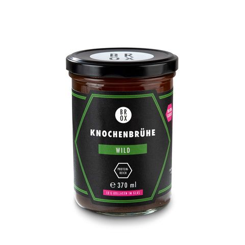 Glas mit schwarzem Etikett. Aufschrift: Knochenbrühe Wild, Protein reich, 370 ml. Schwarzer Deckel mit Logo.