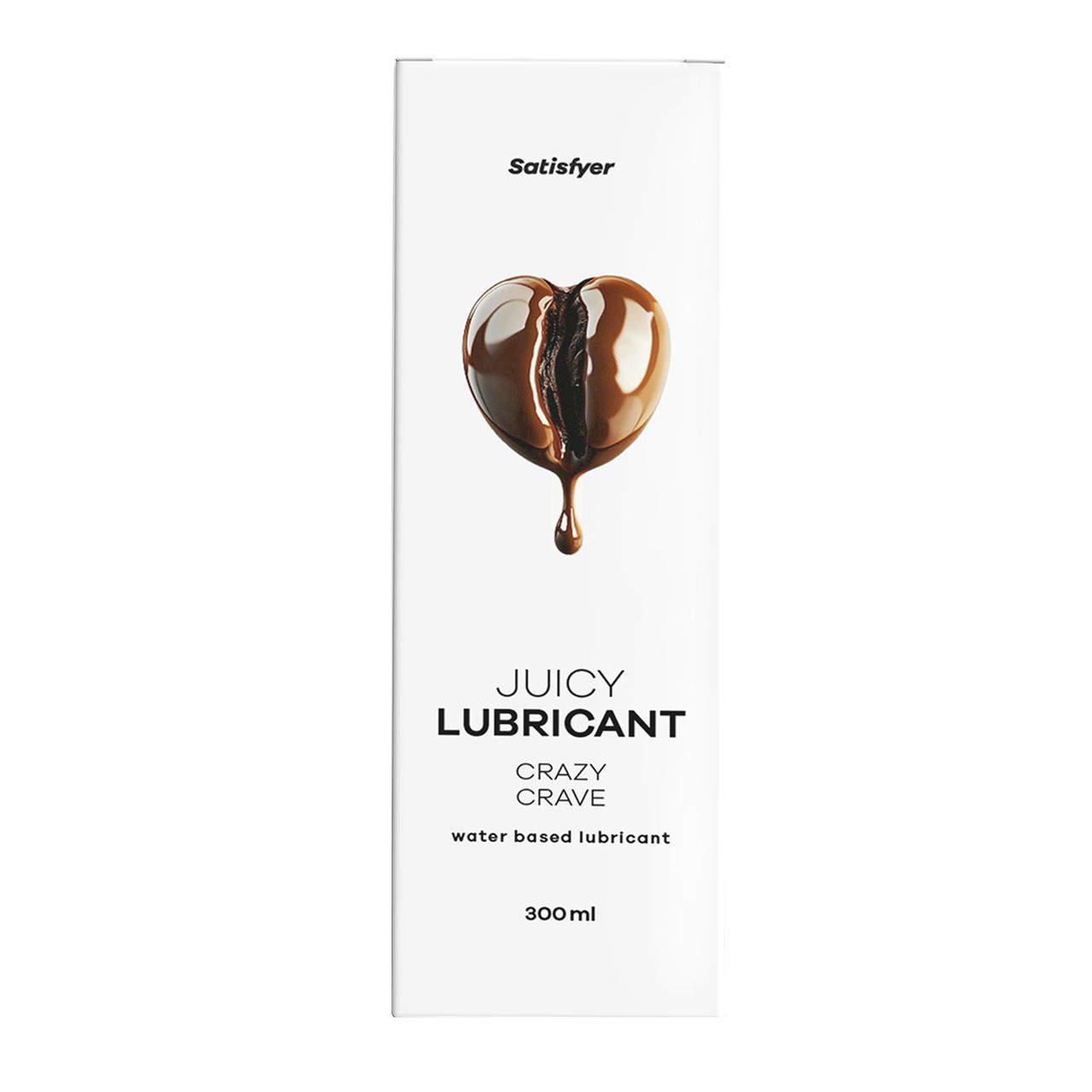 Weißer Karton mit Produktabbildung. Oben steht "Satisfyer". Darunter ein herzförmiges Gebilde mit Tropfen. Text: Juicy Lubricant, Crazy Crave.