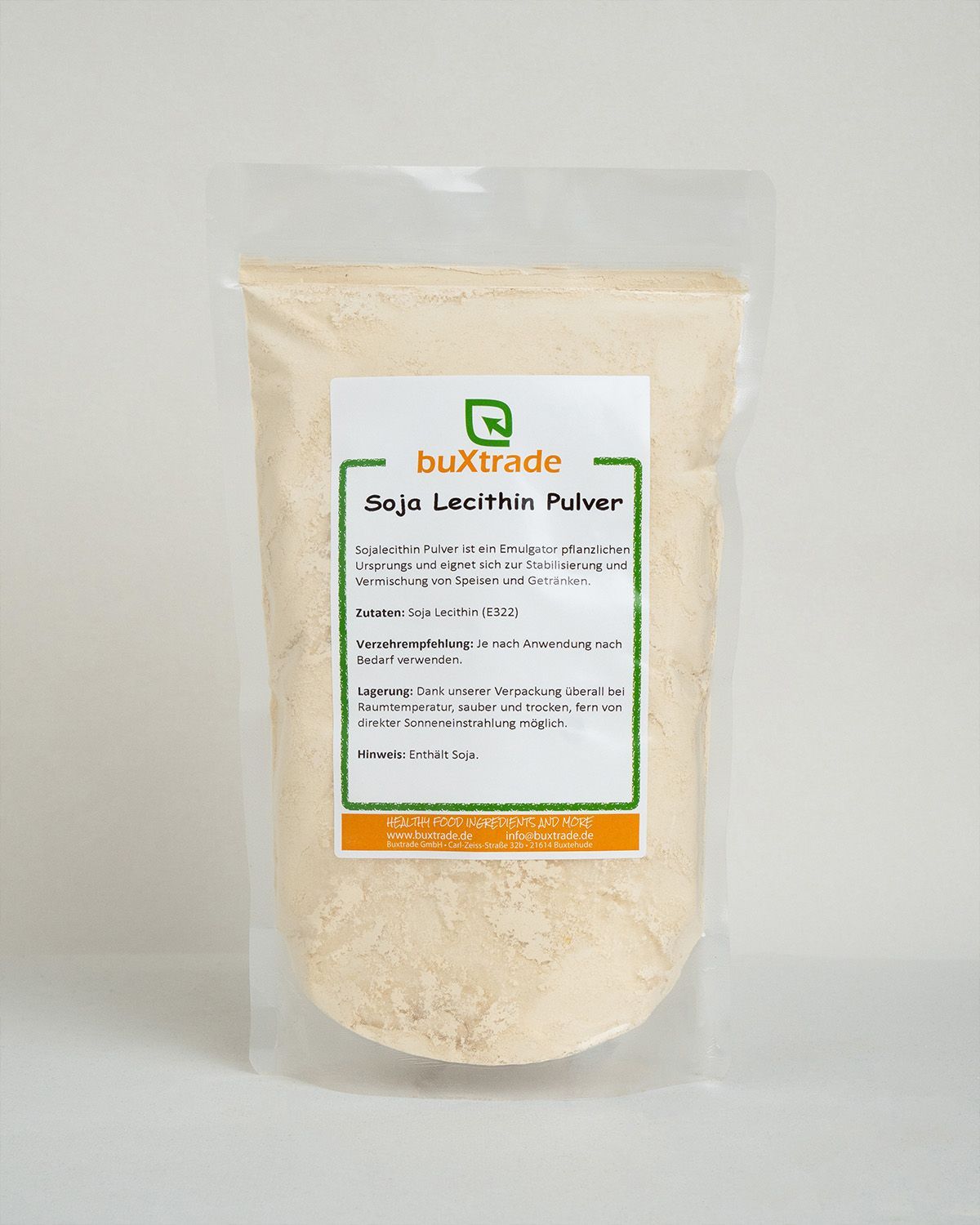 Buchsbaum Soja Lecithin Pulver in einem Standbodenbeutel mit Etikett.