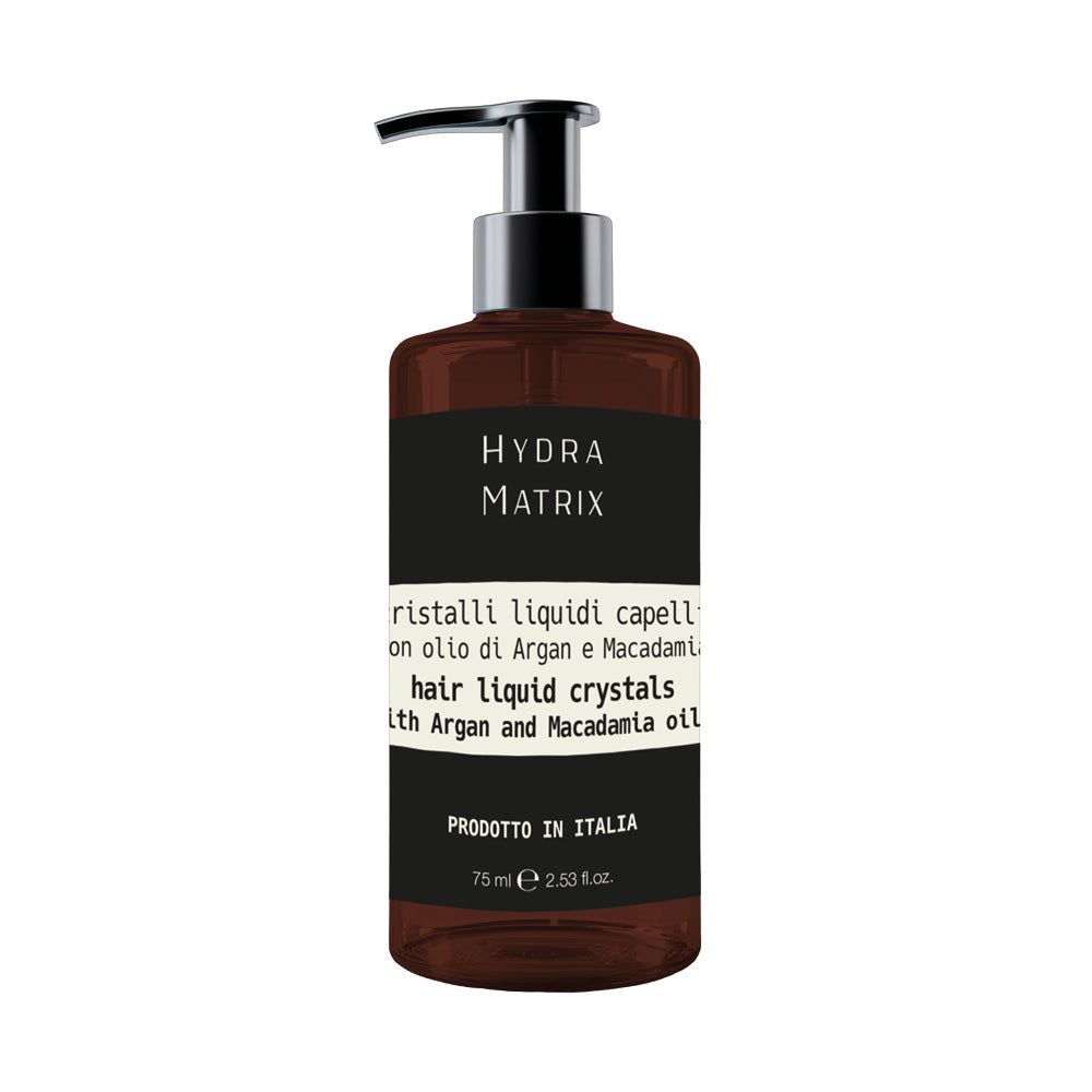 Braune Flasche mit schwarzem Etikett. Text: Hydra Matrix, cristalli liquidi capelli, hair liquid crystals. Mit Pumpe.