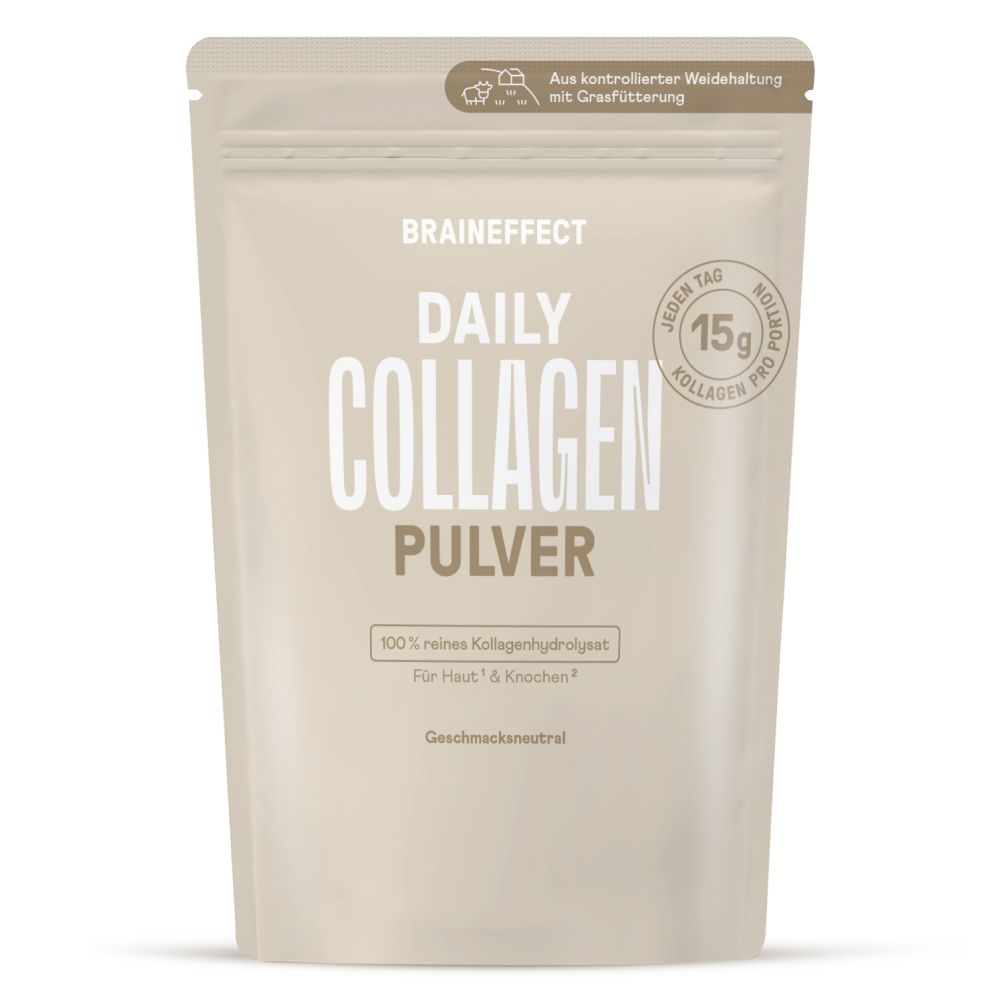 Beige Beutel mit weißer Aufschrift BRAINEFFECT DAILY COLLAGEN PULVER. Text: 100% reines Kollagenhydrolysat. 15g Portion.