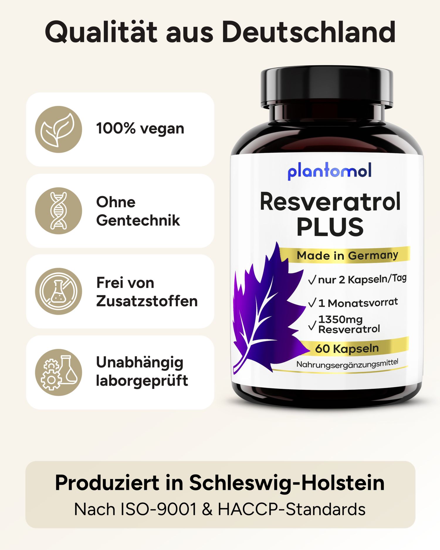 Flasche plantomol Resveratrol PLUS. Text: Qualität aus Deutschland, 100% vegan, ohne Gentechnik, frei von Zusatzstoffen, laborgeprüft.
