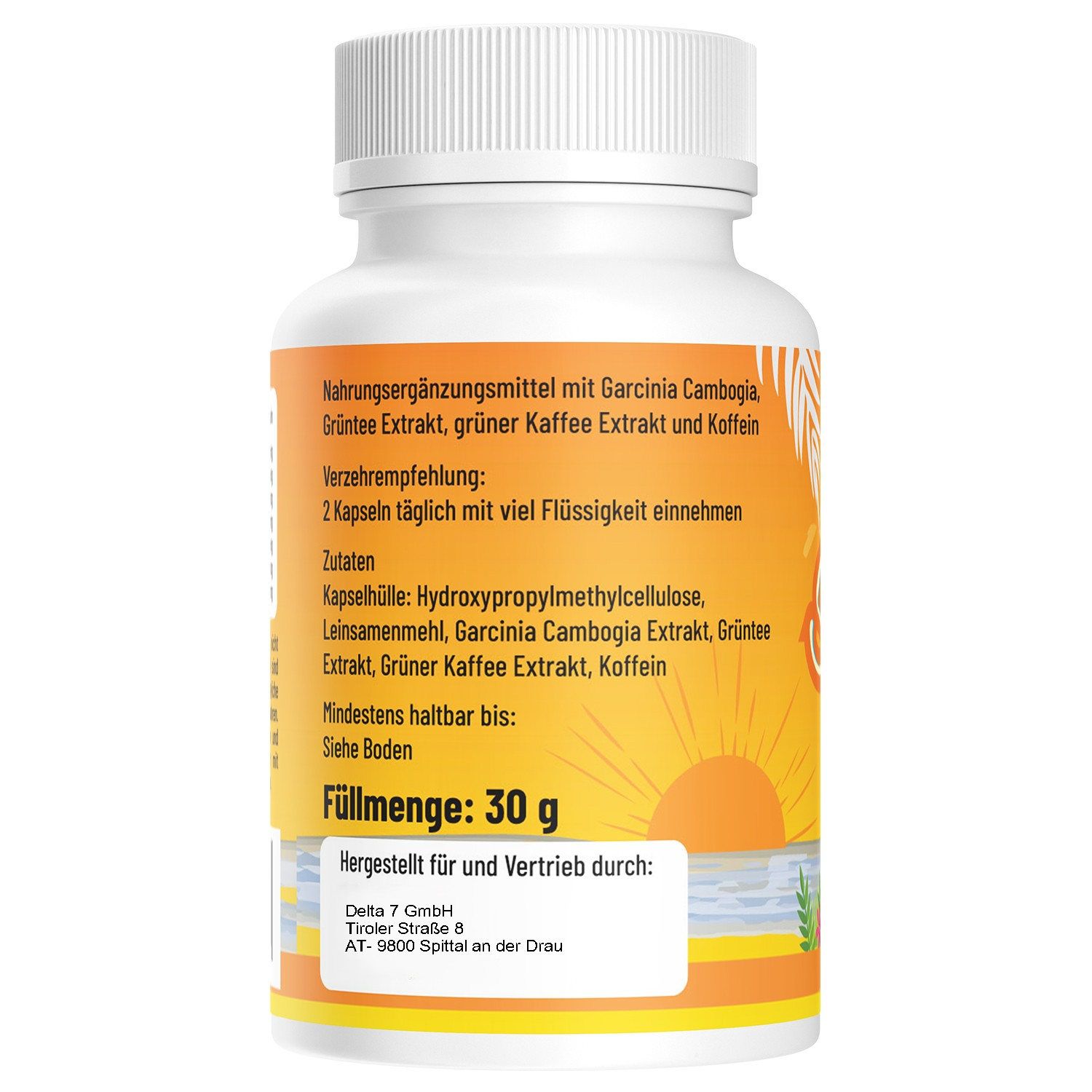 Rückseite der Flasche. Text: Nahrungsergänzungsmittel mit Garcinia Cambogia, Grüntee Extrakt, grüner Kaffee Extrakt und Koffein. Füllmenge: 30 g.