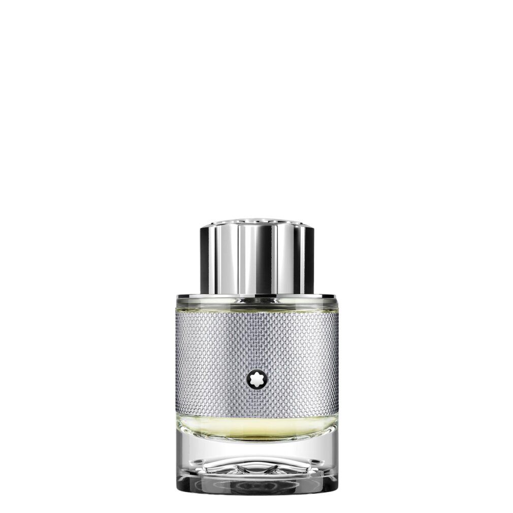 Montblanc Explorer Platinum Eau de Parfum Flakon mit silbernem, texturiertem Gehäuse und silbernem Verschluss.