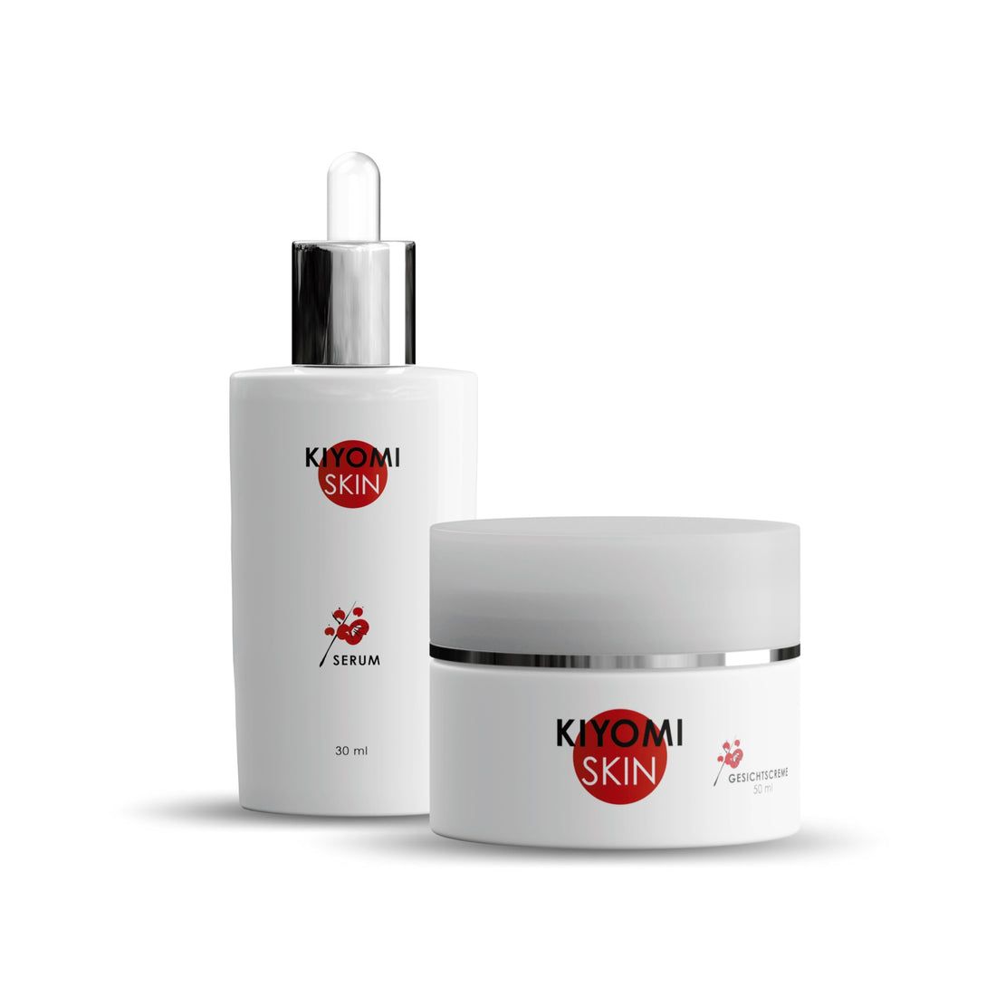 Zwei weiße Kiyomi Skin Gesichtspflege Produkte. Eine Flasche mit Pipette und ein Tiegel mit Deckel. Beide haben rote Logos und Schriftzüge.
