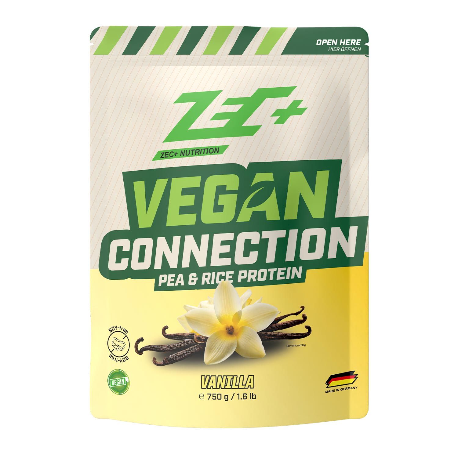 ZEC+ Vegan Connection Vanille Beutel. Vorderseite mit Logo, Produktname, Vanille-Abbildung und Zertifizierungen. 750g.