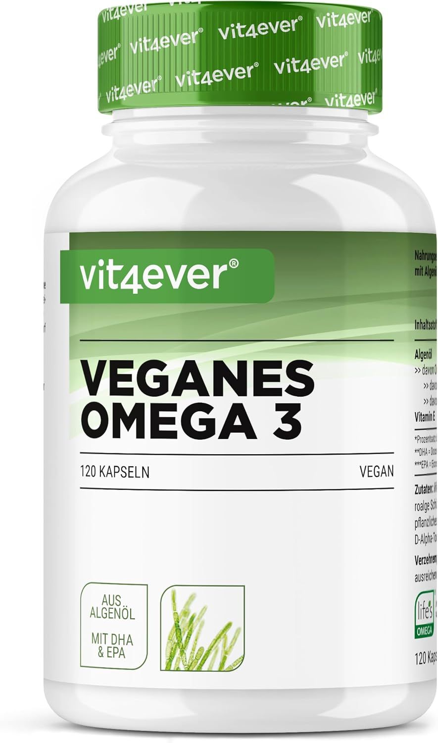 Vit4ever veganes Omega 3 Kapseln mit Algenöl, DHA & EPA. 120 Kapseln.