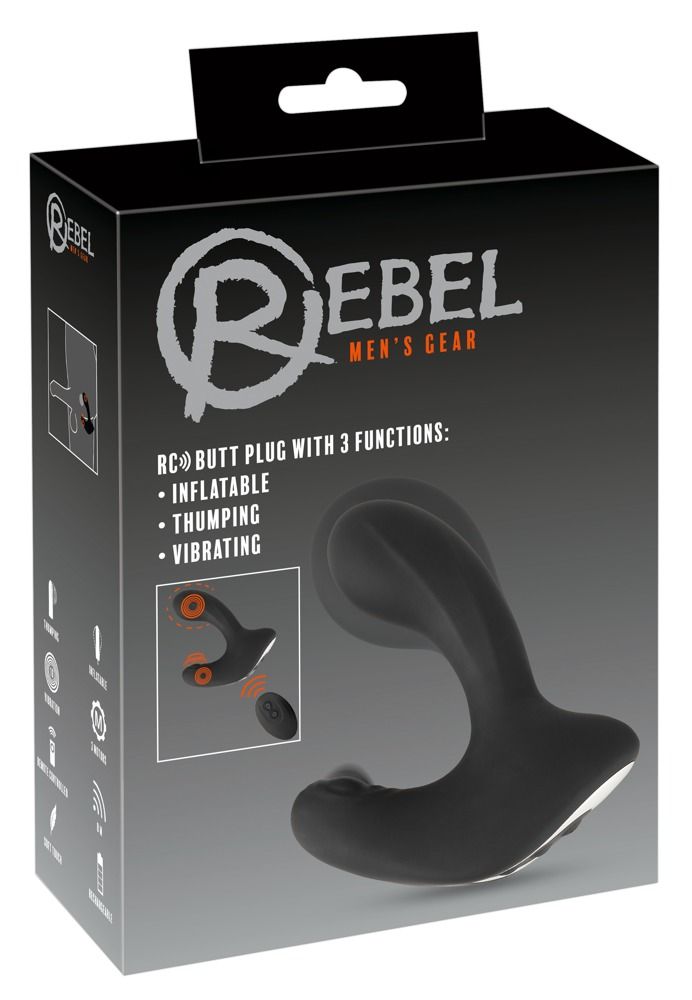 Verpackung mit Produktabbildung. Marke Rebel, Produktname und Funktionen. Schwarze Verpackung.