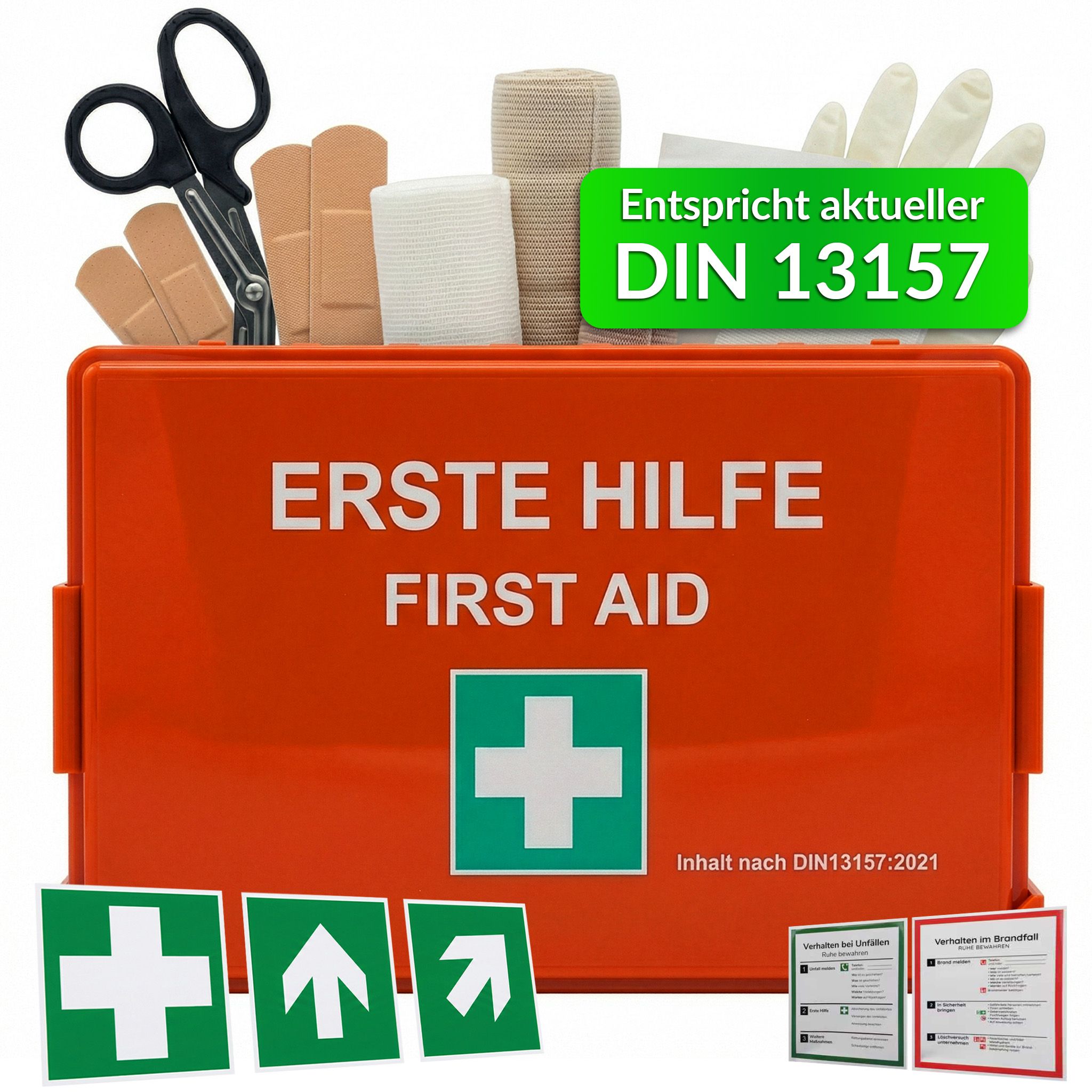 Roter Erste-Hilfe-Koffer mit Inhalt, Schere, Pflaster, Verband, Handschuhe. DIN 13157-konform.