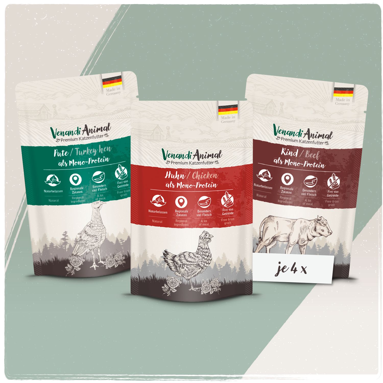 Drei Beutel Venandi Animal Tiernahrung: Huhn, Ente und Rind. Jede Sorte mit Tierabbildung und deutschen Fahnen.