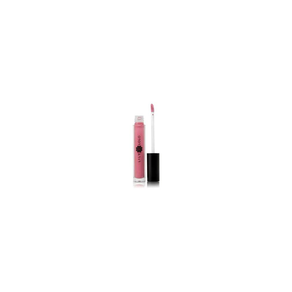 Lipgloss-Tube mit rosa Inhalt und Applikator. Schwarzer Deckel, transparente Tube. Marke Lily Lolo.