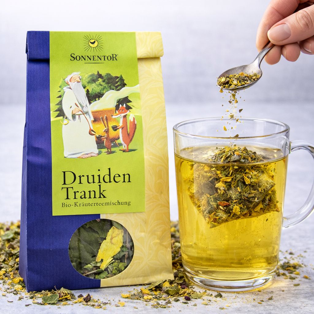 Eine Tasse mit Sonnentor Druidentrank Bio-Kräutertee, daneben die Papiertüte und Kräuter.