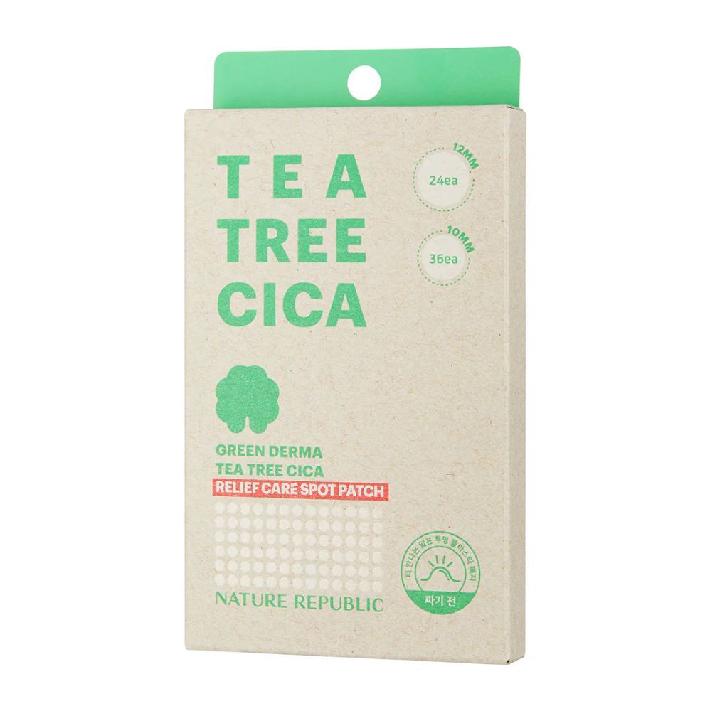 Kartonverpackung mit Aufschrift TEA TREE CICA. Grün-weiße Schrift. Enthält 24 Pflaster 12mm und 36 Pflaster 10mm. Marke NATURE REPUBLIC.
