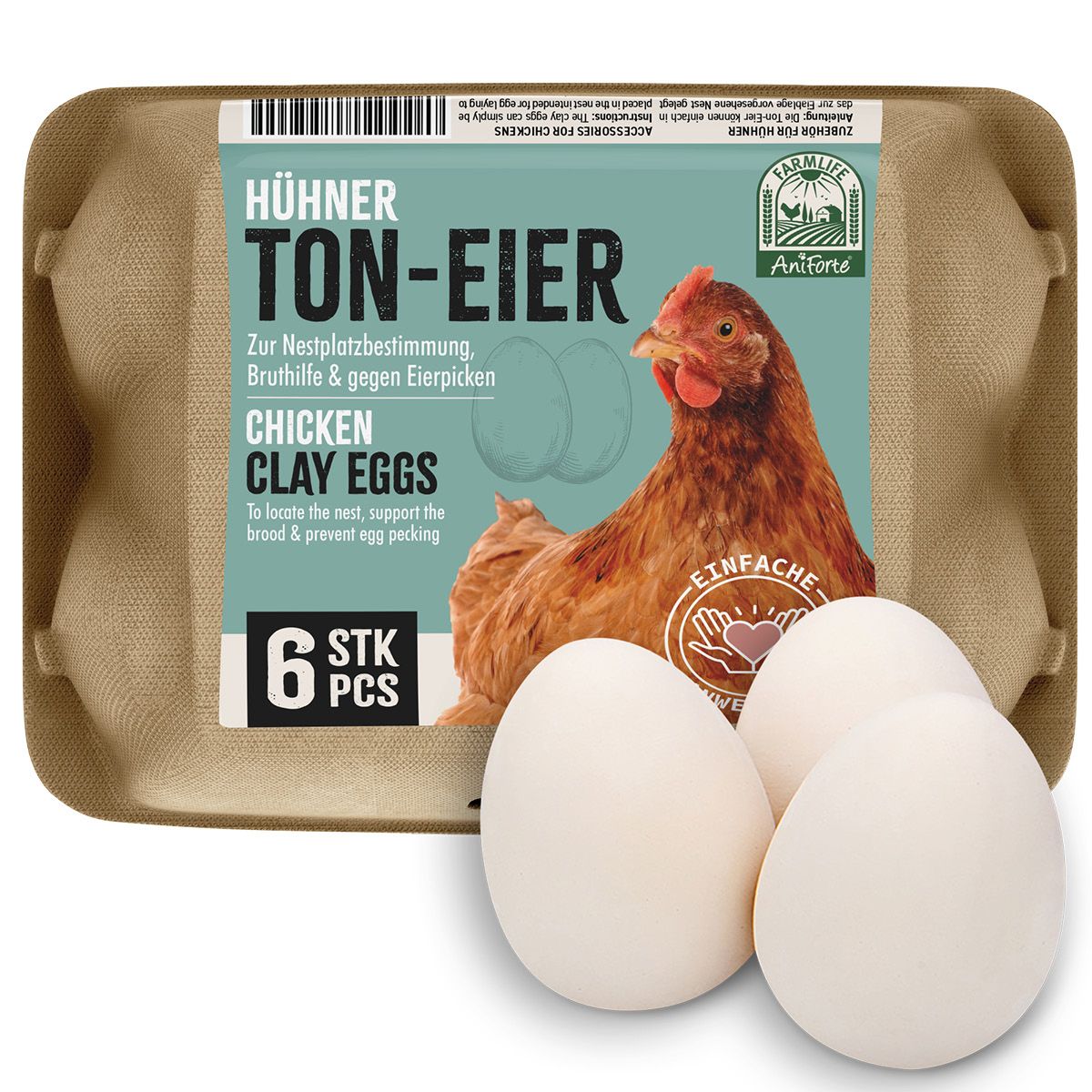 6er Pack Ton-Eier in Kartonverpackung. Text: Hühner Ton-Eier, 6 Stück, Clay Eggs. Logo: AniForte. Hilft bei Nestbestimmung, Brut- & Eierpicken.