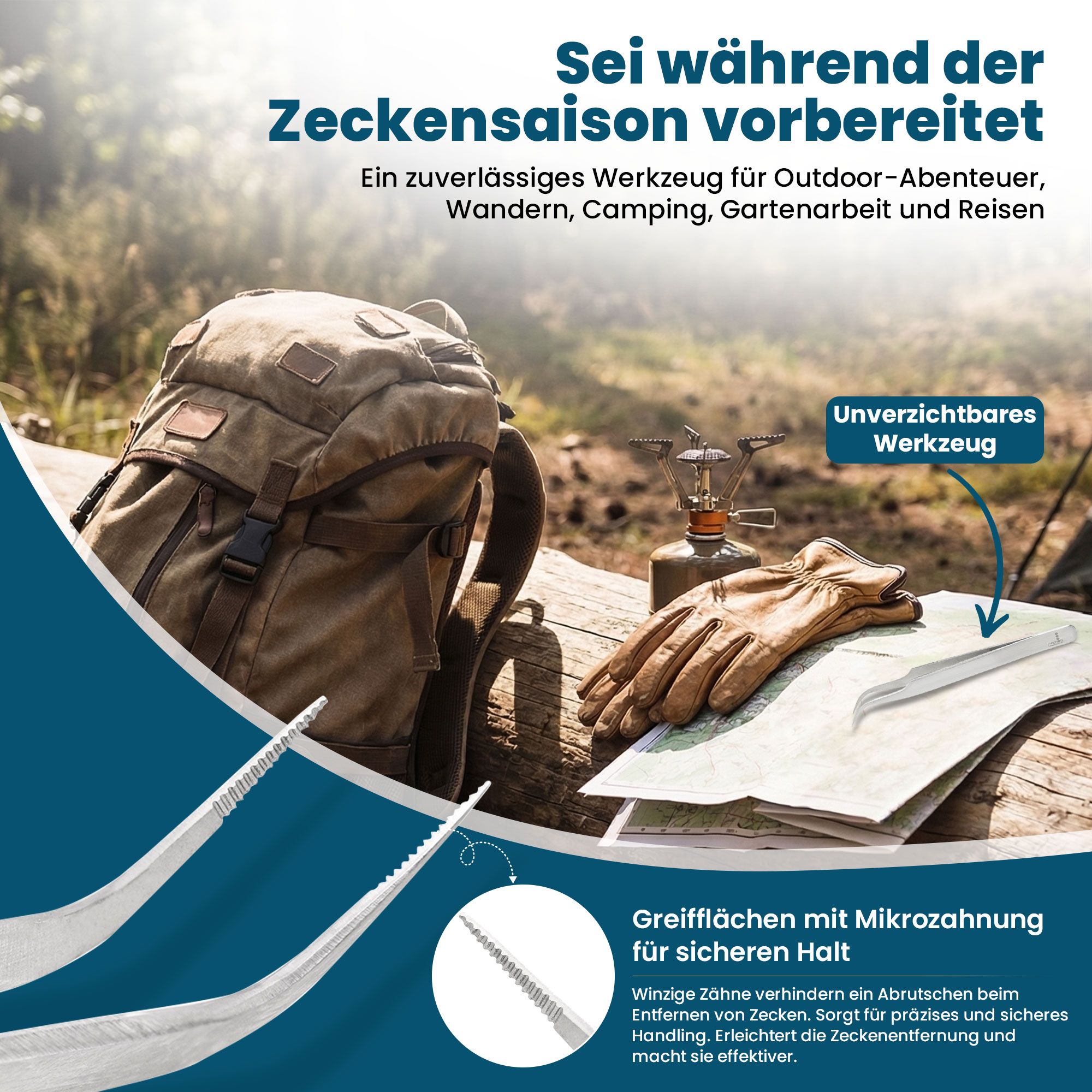 REMOS Edelstahl-Zeckenzange mit gebogener Spitze und Mikrozahnung für sicheren Halt.