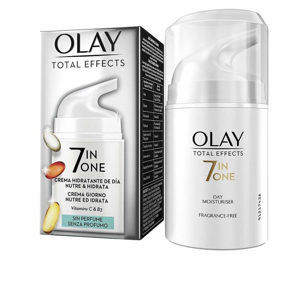 Weißer Cremebehälter mit Karton. Olay Total Effects, 7 in 1, Tagesfeuchtigkeitspflege, ohne Duftstoffe. Vitamine C & B3.
