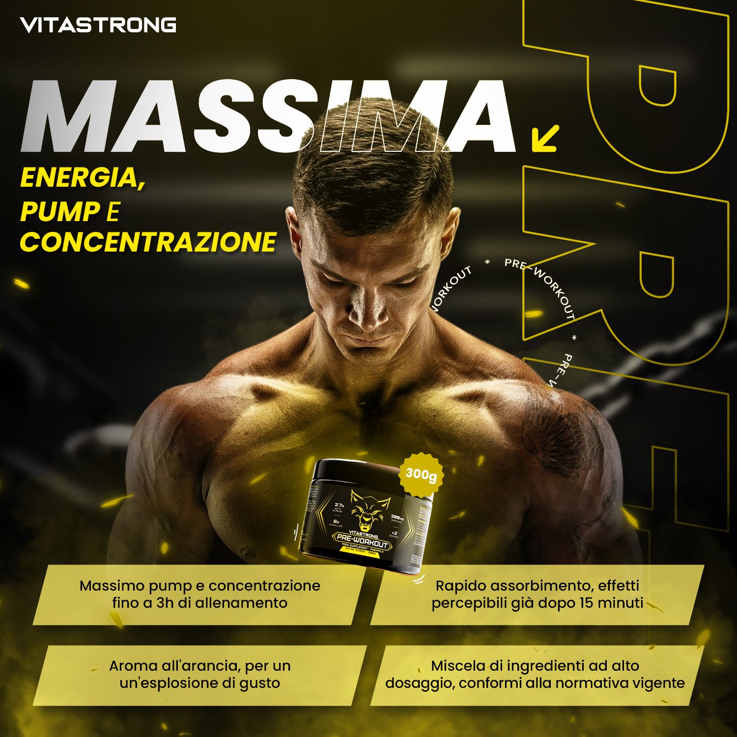 Mann mit muskulösem Körper, hält eine Dose. Text: Massima, Energie, Pump und Konzentration. Vitastrong Pre-Workout.