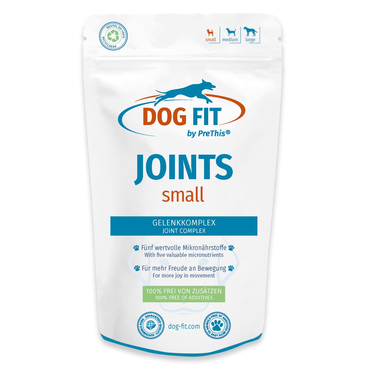 DOG FIT JOINTS Beutel. Aufschrift: small, Gelenkkomplex. Enthält Glucosamin, Collagen, MSM, Teufelskralle, Weihrauch. Grün-weiße Verpackung.