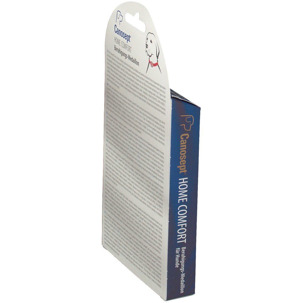 Schmale, blaue Produktverpackung mit Canosept HOME COMFORT-Logo. Text: Beruhigungs-Medaillon für Hunde. Rückseite mit Text.