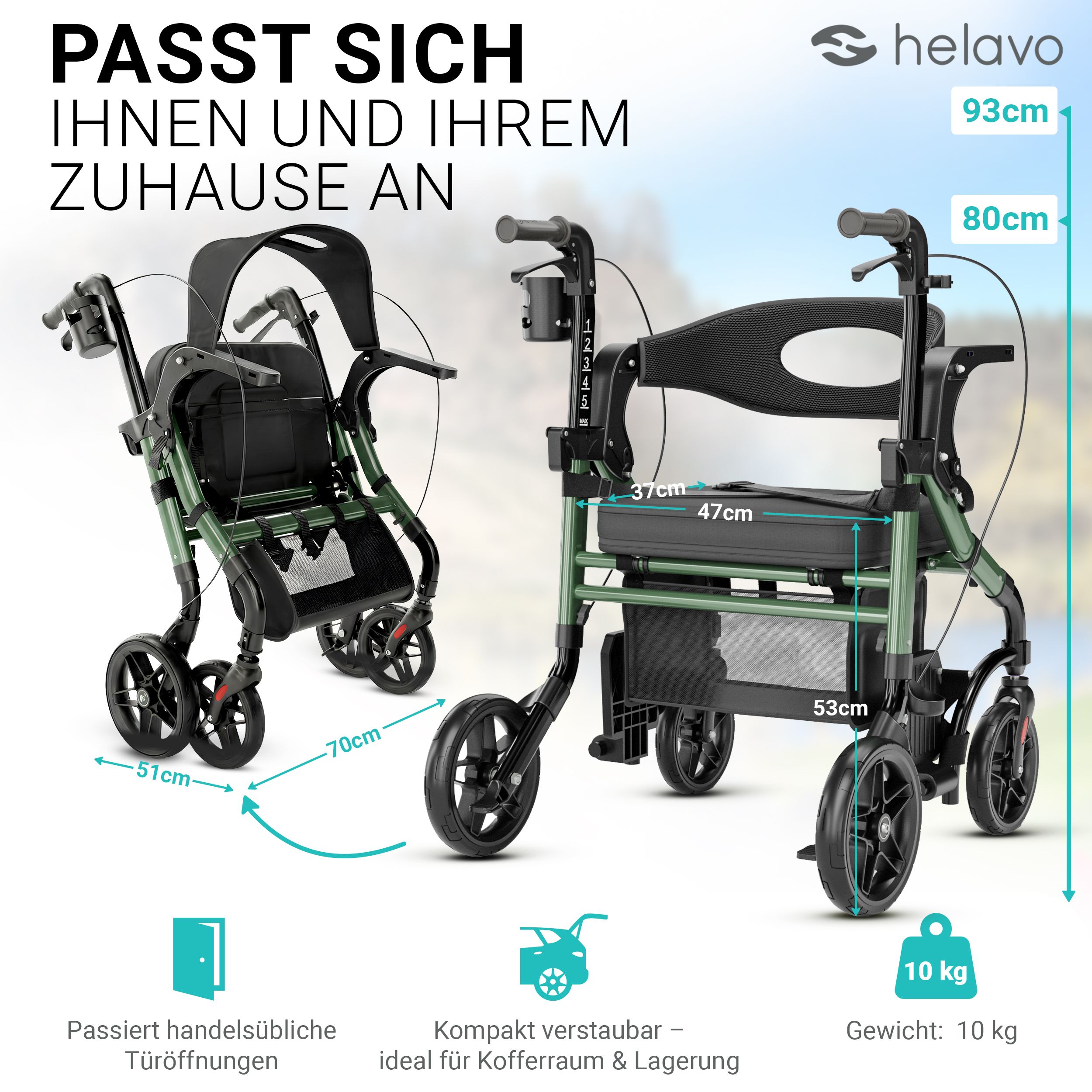 Helavo 2 in 1 Rollator und Rollstuhl faltbar Hybrid Gehhilfe mit All Terrain Reifen