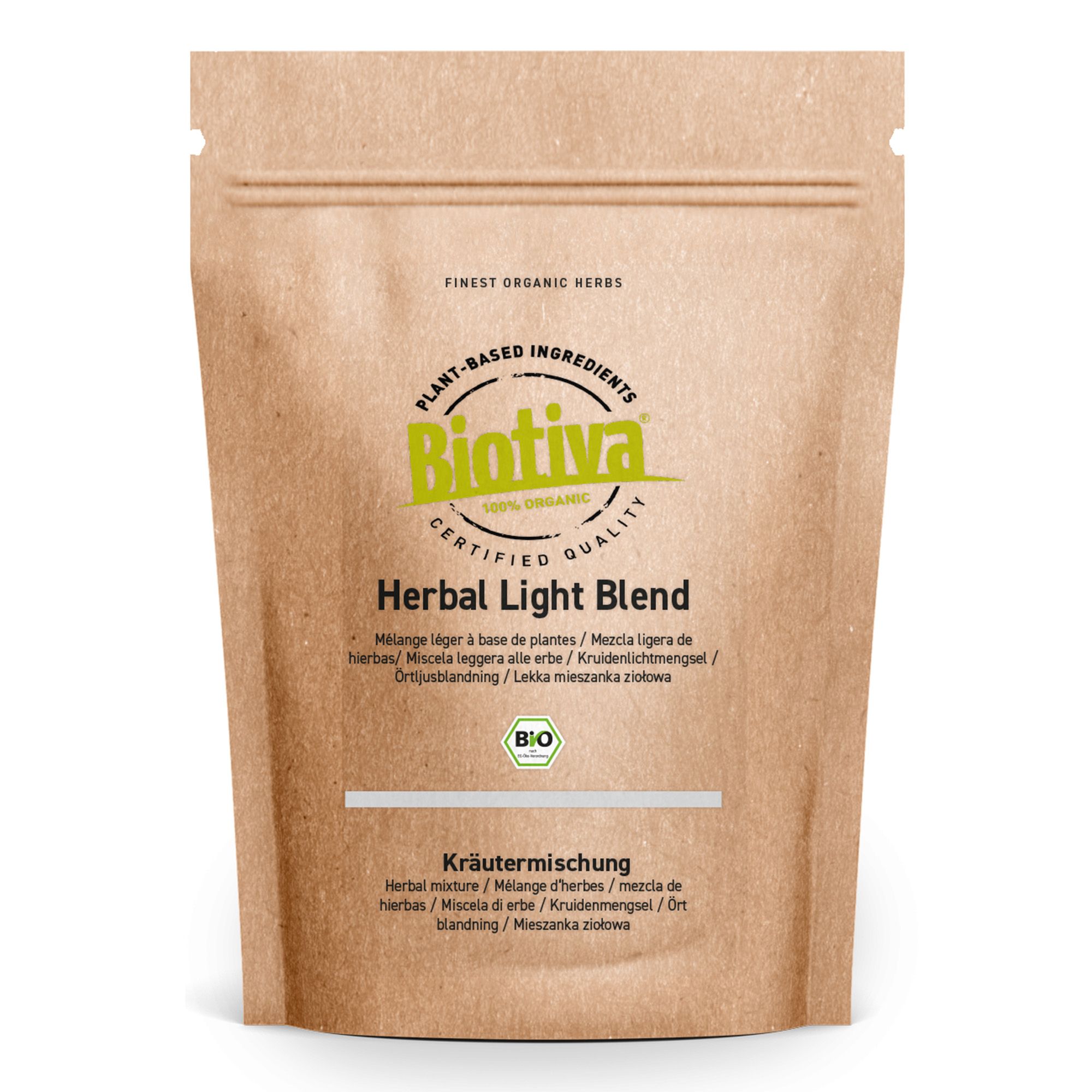 Braune Papierverpackung mit Text und Logo. Aufschrift: Herbal Light Blend. Bio-Siegel.