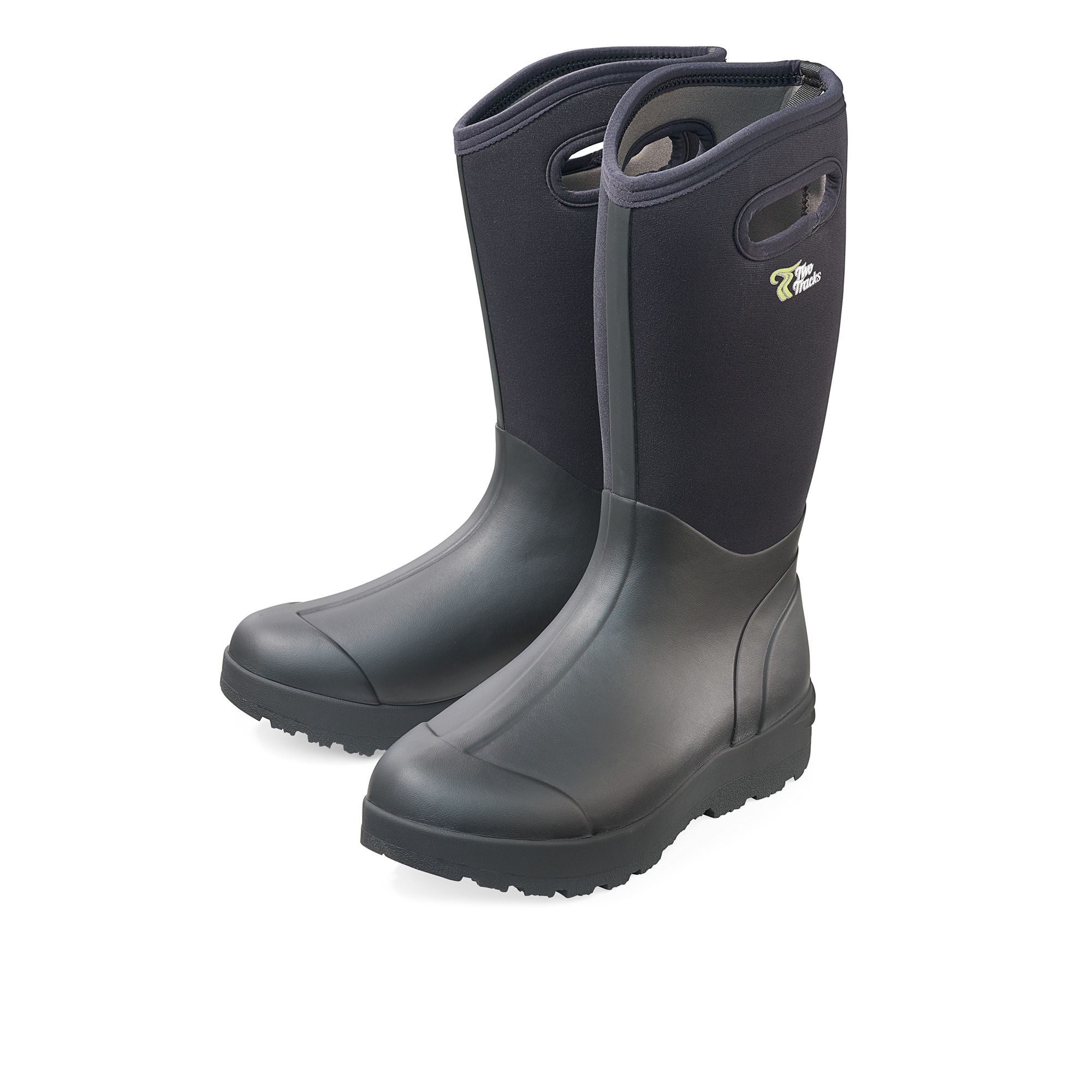 Schwarze Stiefel mit breiter Passform. Hoher Schaft, Gummisohle, Griff an der Oberseite. Logo auf dem Schaft.