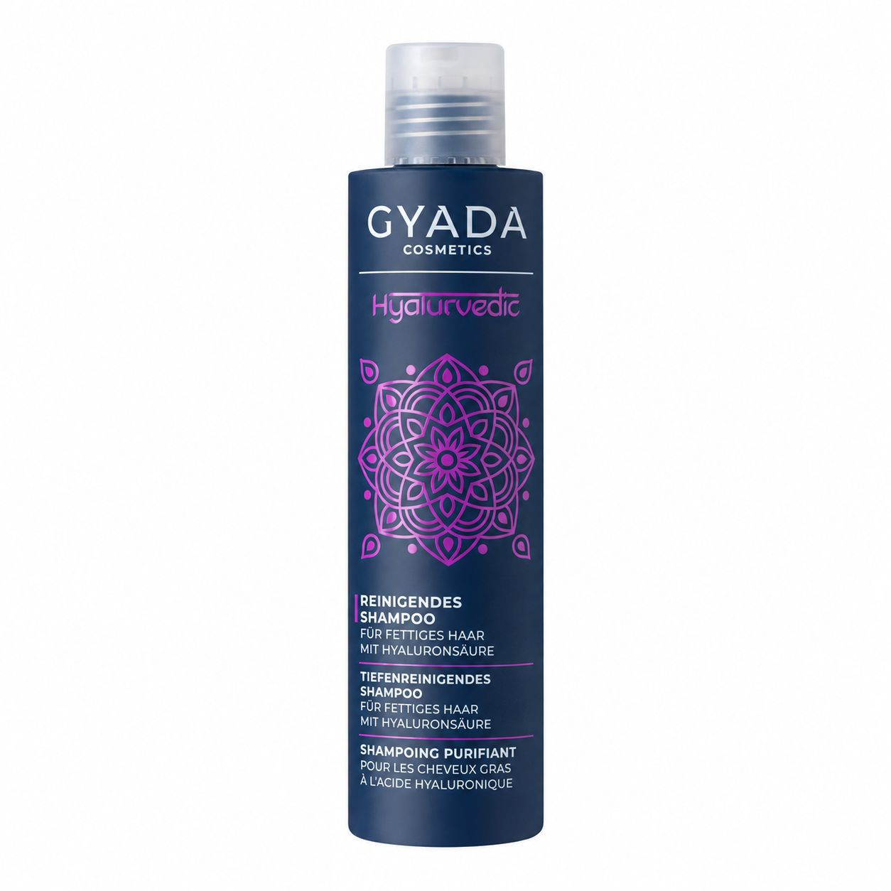 Dunkelblauer Flakon mit silbernem Mandala-Muster. Reinigendes Shampoo für fettiges Haar mit Hyaluronsäure.