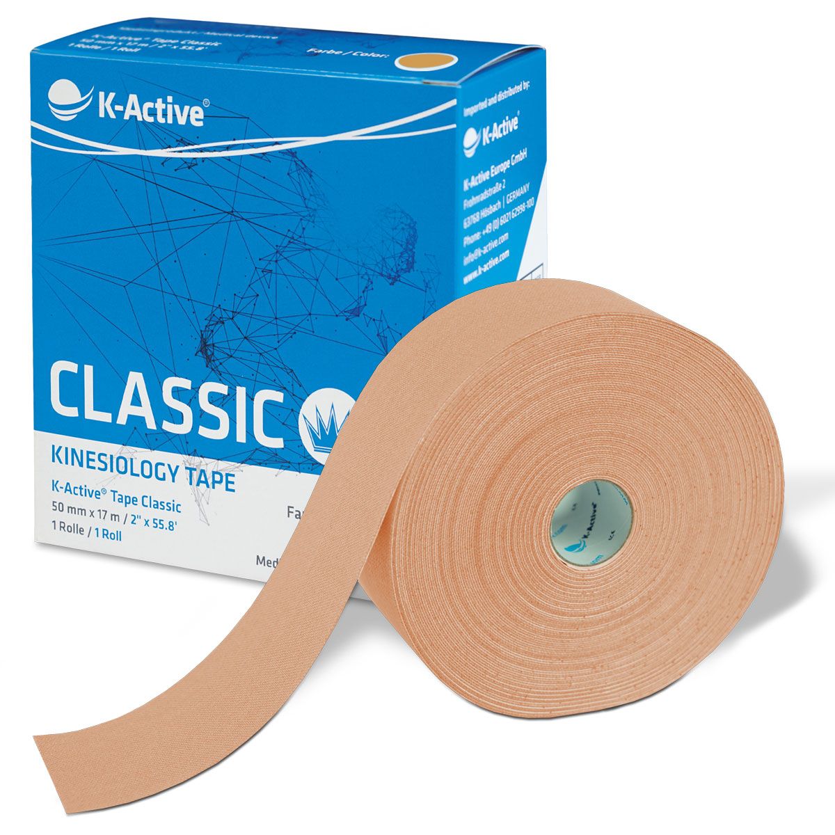 Rolle K-Active Tape Classic, beige. Aufschrift: Kinesiologie Tape, 50 mm x 17 m.