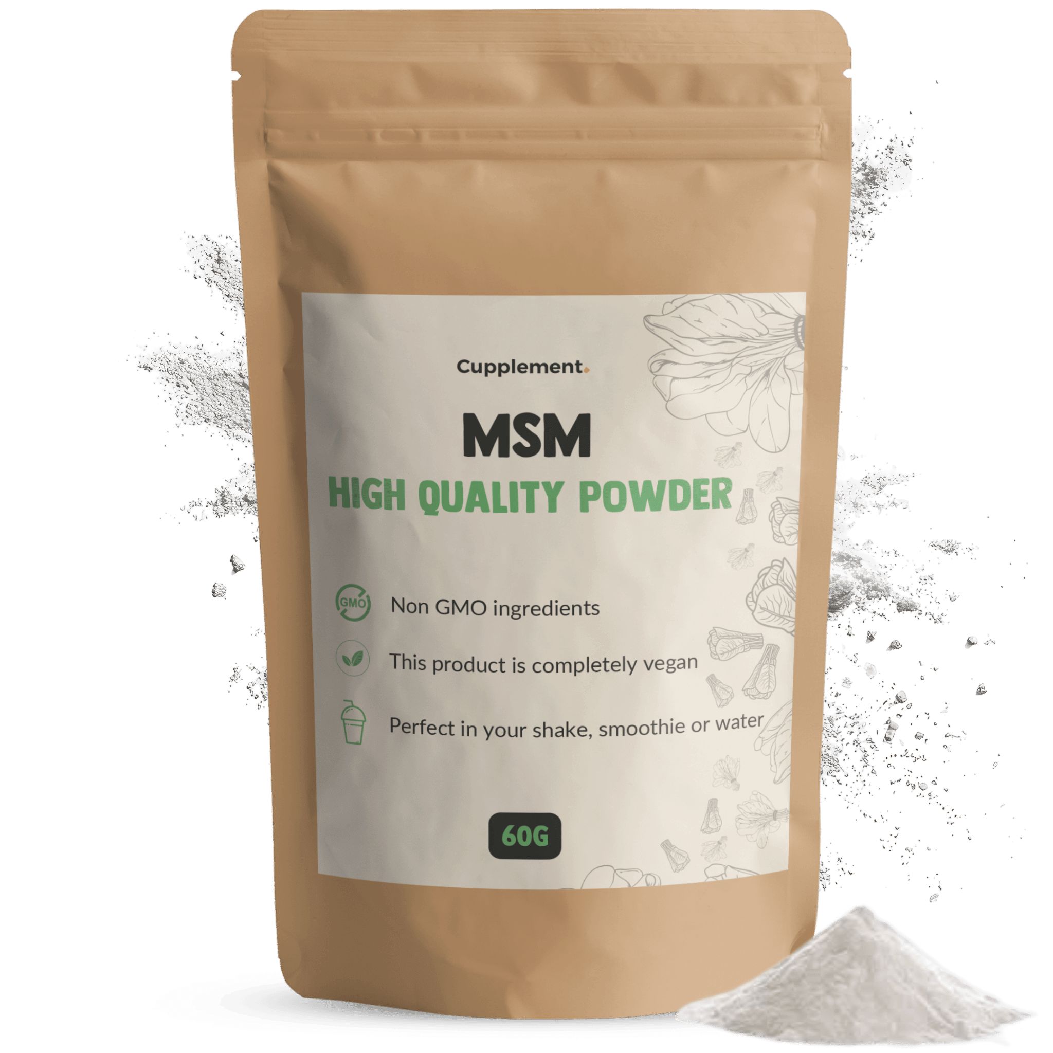 Beutel mit MSM-Pulver. Aufdruck: Cupplement, MSM, High Quality Powder. 60g. Vegan, ohne Gentechnik.