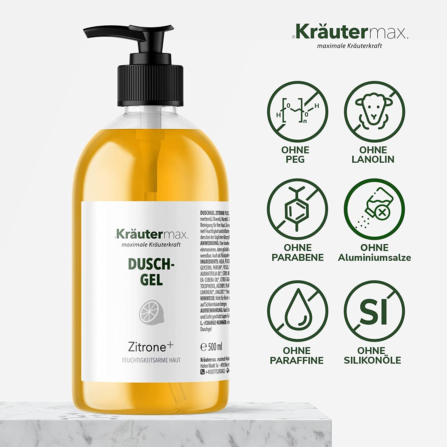 Gelbe Duschgel-Flasche mit schwarzem Pumpkopf. Aufschrift: Kräutermax Duschgel Zitrone+. Symbole: Ohne PEG, Lanolin, Parabene, Aluminiumsalze, Paraffine, Silikonöle.