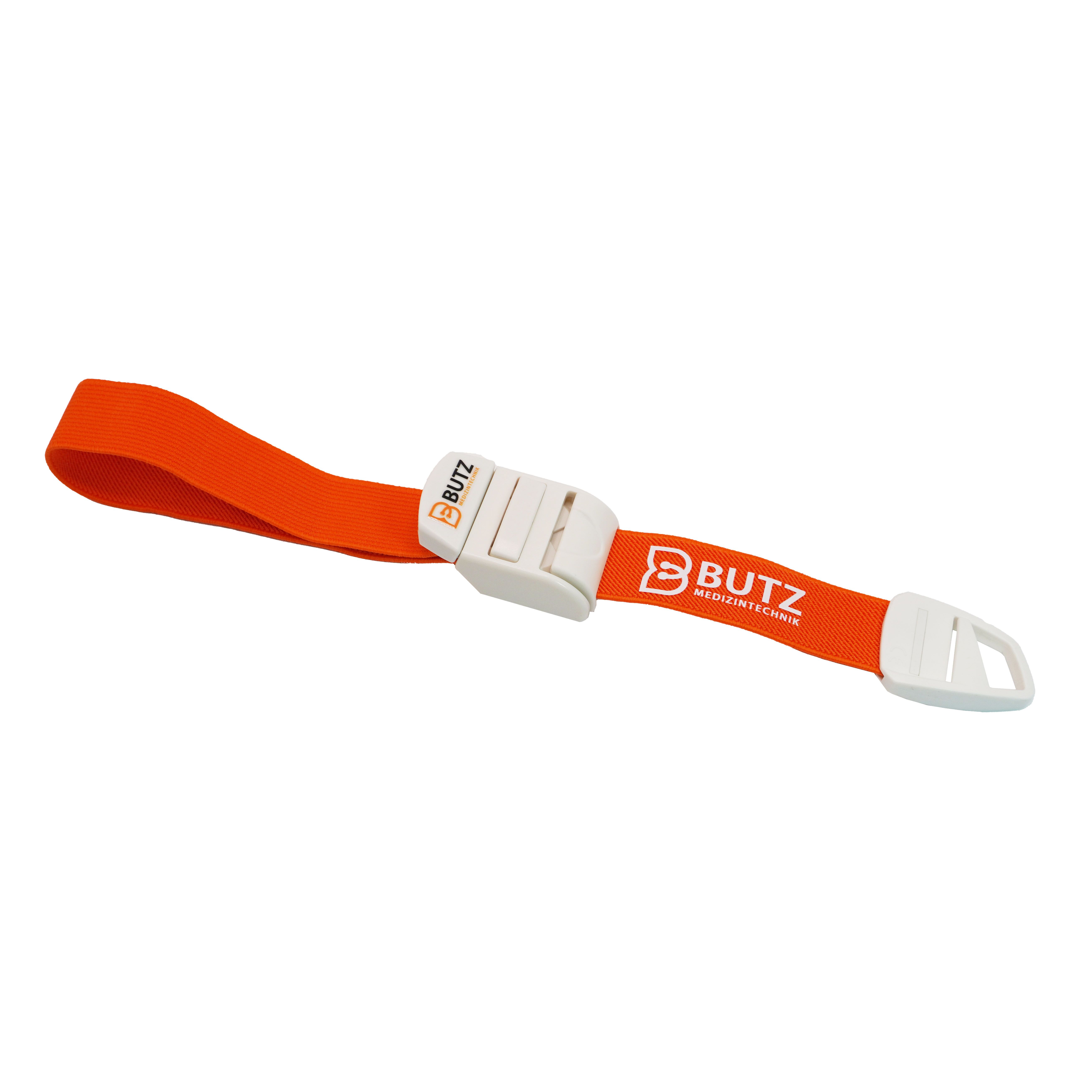Orange Venenstauer mit weißem Klickverschluss und Butz Medizintechnik Logo.