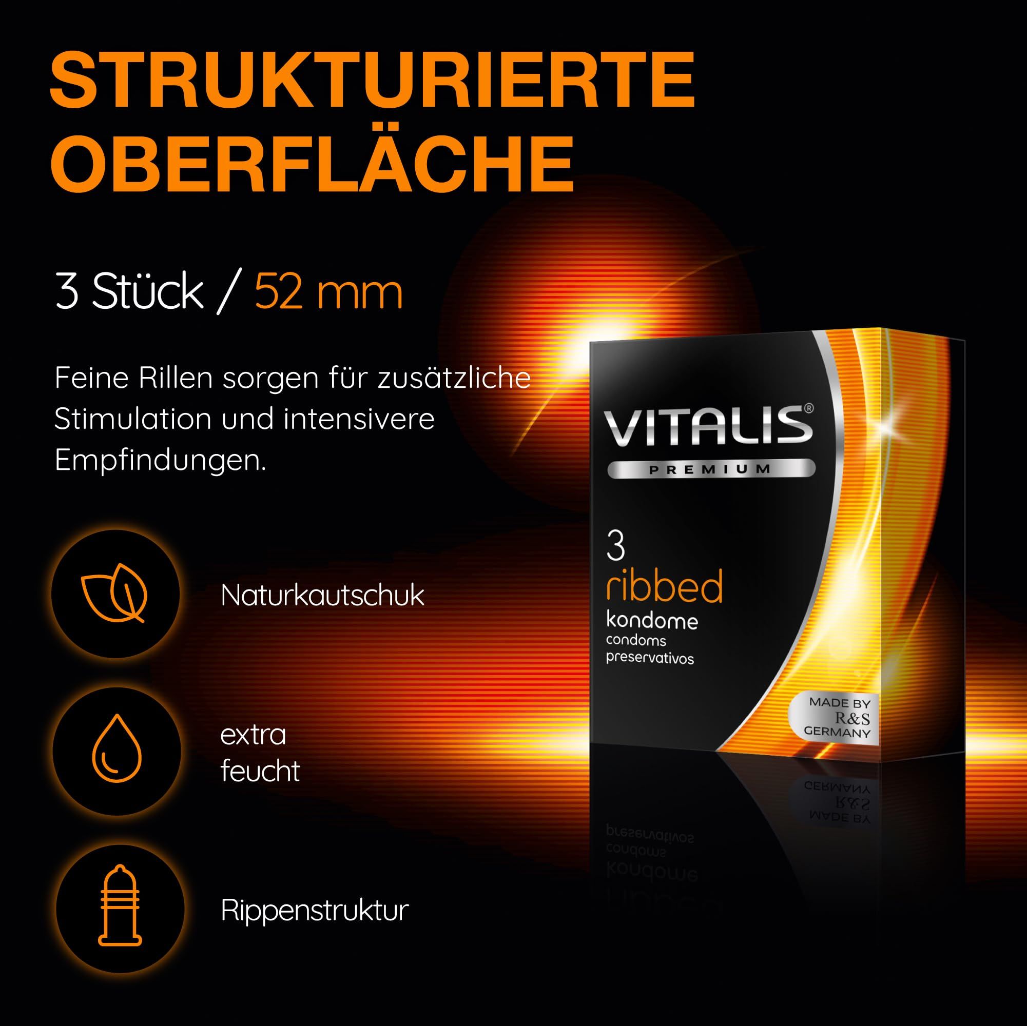 Vitalis PREMIUM Ribbed Kondome: 3 Stück, 52 mm Breite. Naturkautschuk, extra feucht, gerippte Struktur.