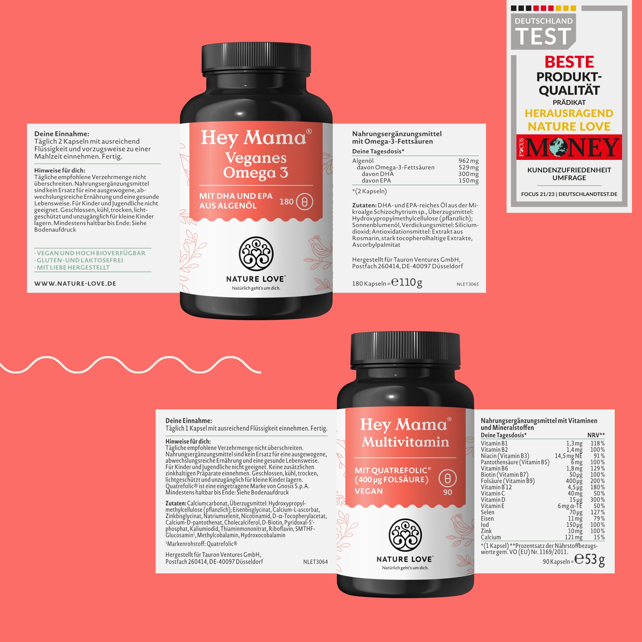 NATURE LOVE® Hey Mama Schwangerschaftsvitamine - Folsäure, Omega 3, Vitamine, Mineralstoffe