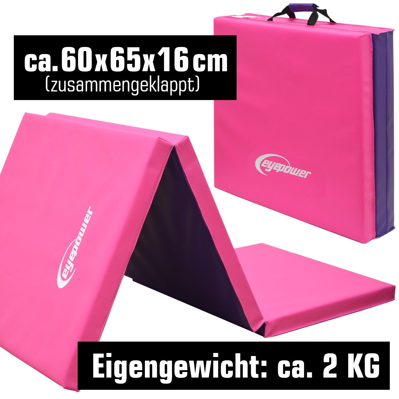 Gefaltete Weichbodenmatte pink/aubergine. Maße: ca. 60x65x16cm. Eigengewicht: ca. 2 kg. Marke eyepower.