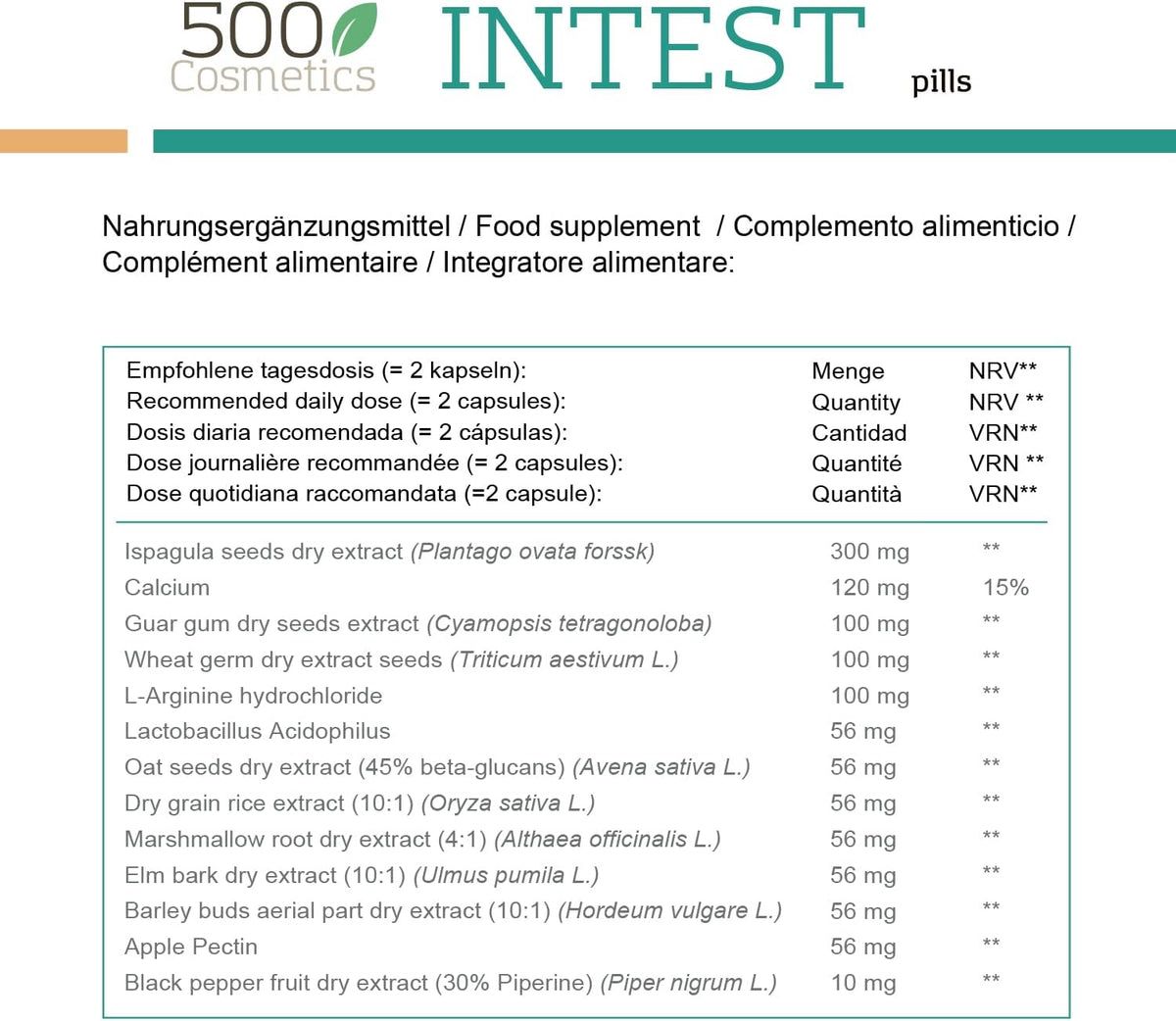 Tabellarische Auflistung der Inhaltsstoffe und Dosierung. Mehrsprachiger Text. Enthält Informationen zu Inhaltsstoffen und Mengen.