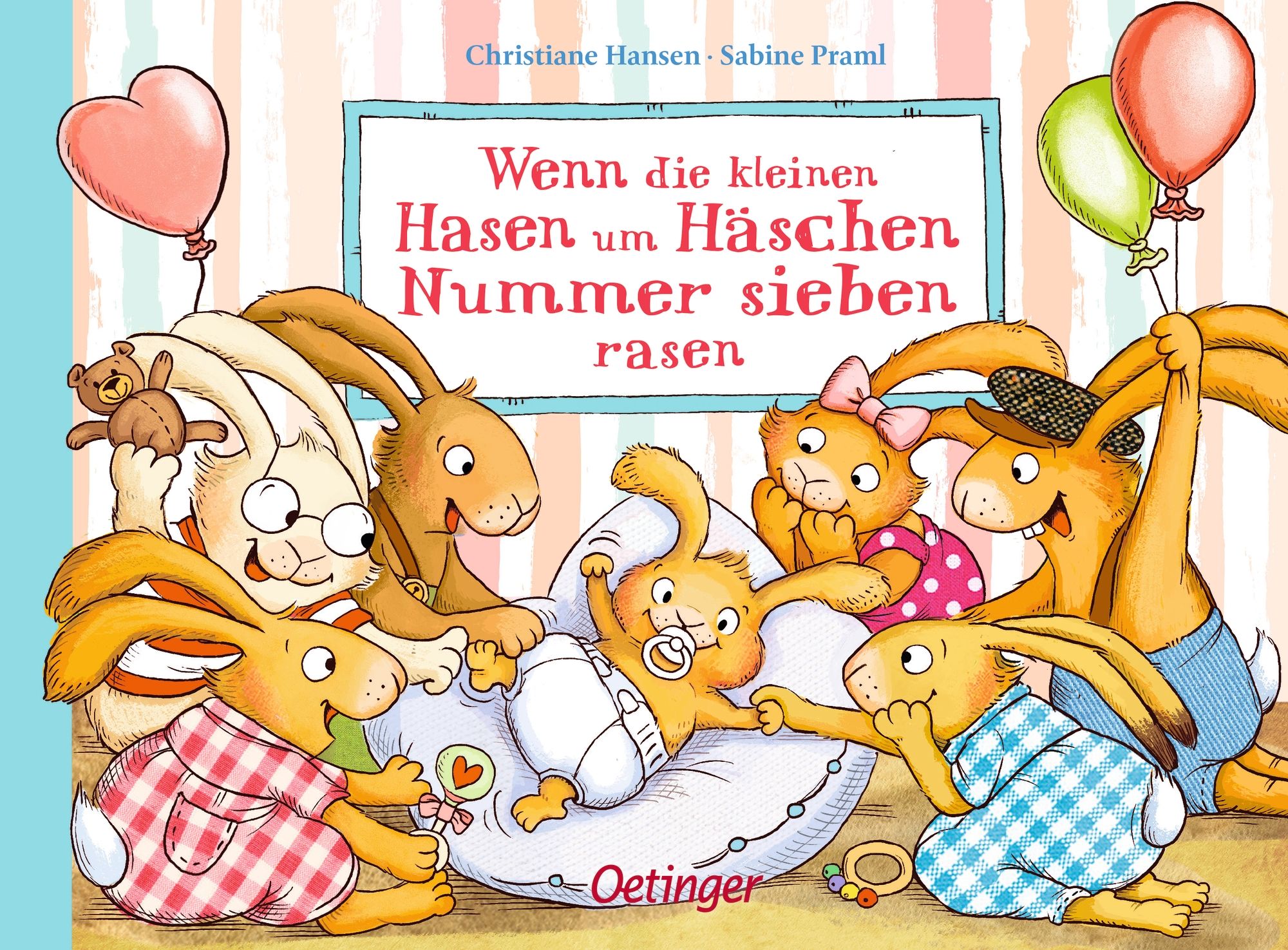 Buchcover mit Illustrationen von Hasen. Titel: Wenn die kleinen Hasen um Häschen Nummer sieben rasen. Verlag: Oetinger.