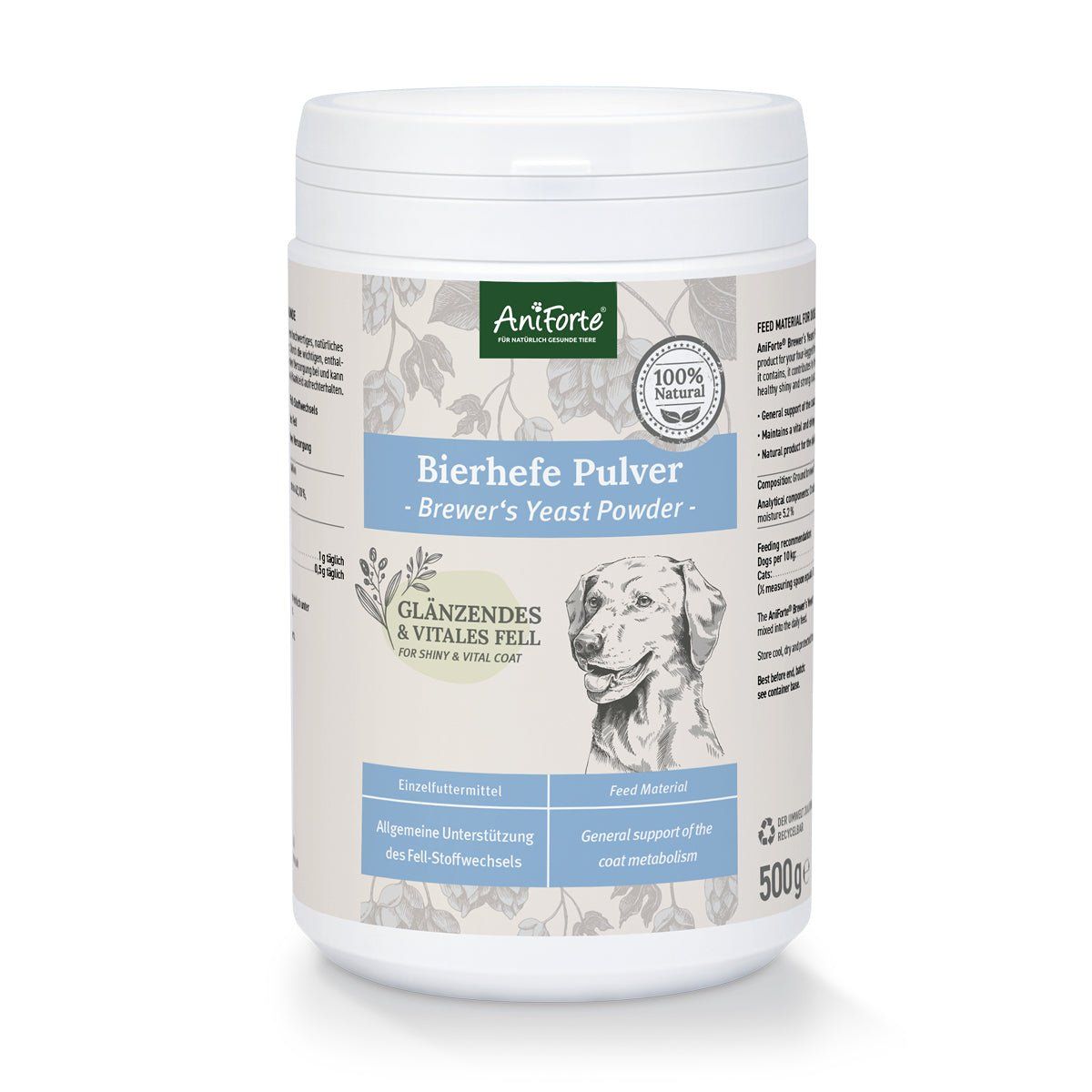 Weiße Dose mit AniForte Bierhefe Pulver. Aufschrift: Glänzendes & vitales Fell. 100% natürlich. 500g.