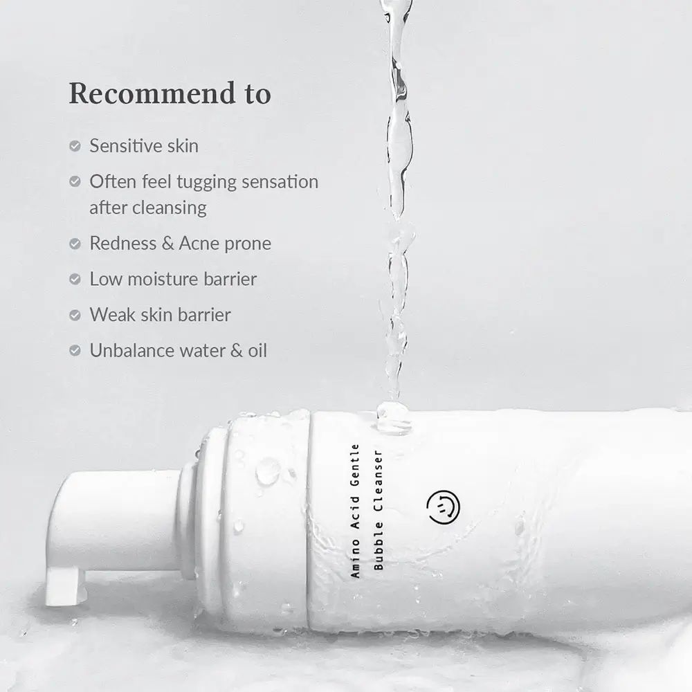 Produktflasche mit Wasserstrahl. Text: Amino Acid Gentle Bubble Cleanser. Empfohlen für: empfindliche Haut, Rötungen, schwache Hautbarriere.